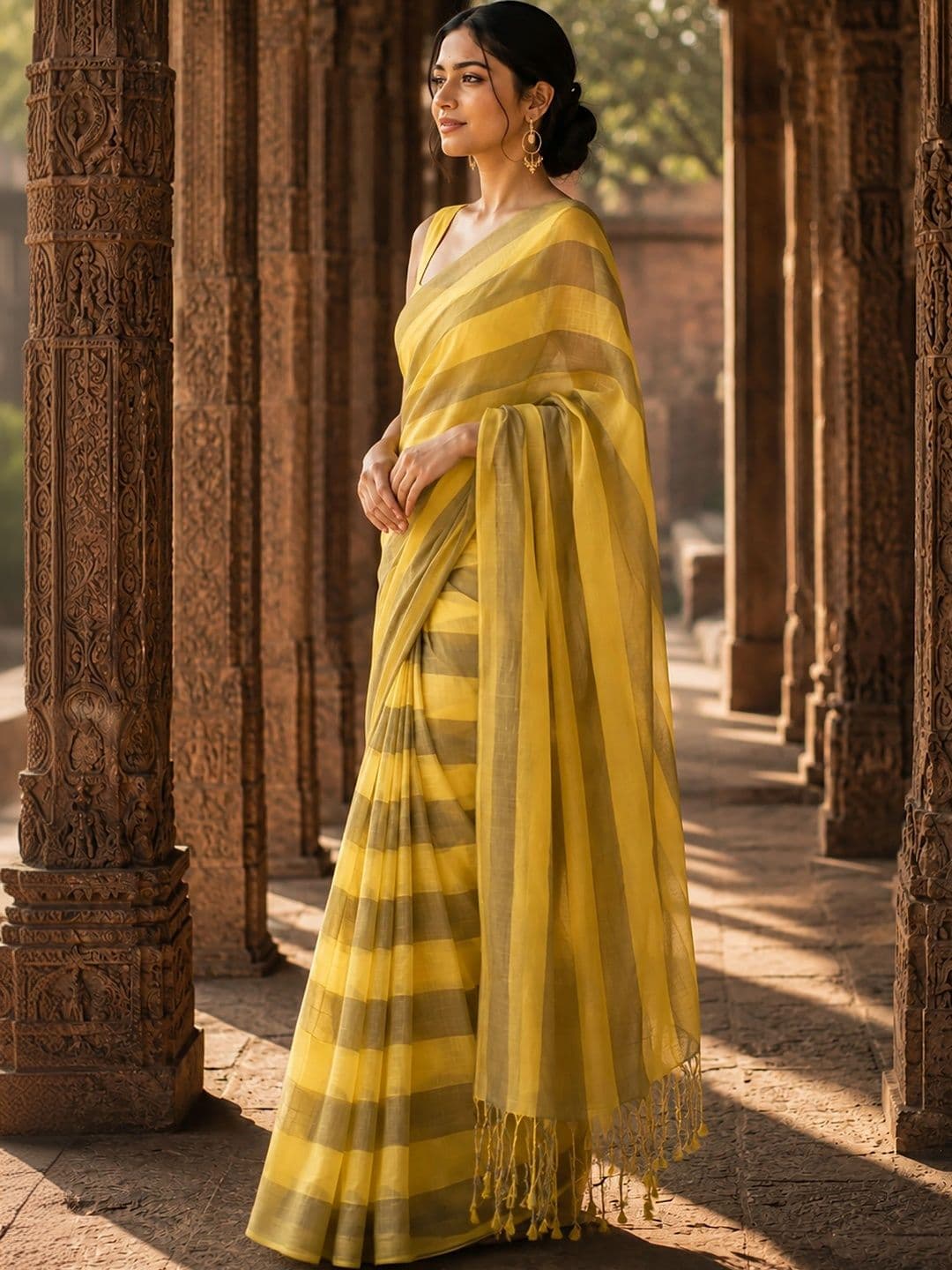 KALINI Striped Linen Blend Designer Block Print Saree thumbnail 5