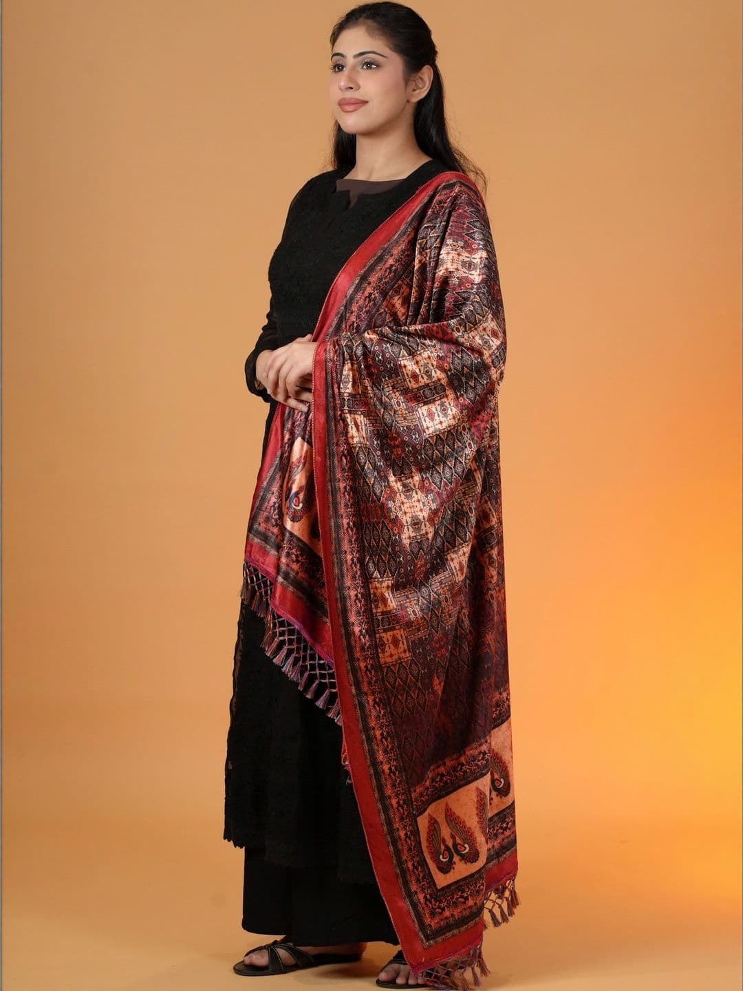 SHIFNEEN Women Ethnic Motifs Printed Velvet Shawl thumbnail 3