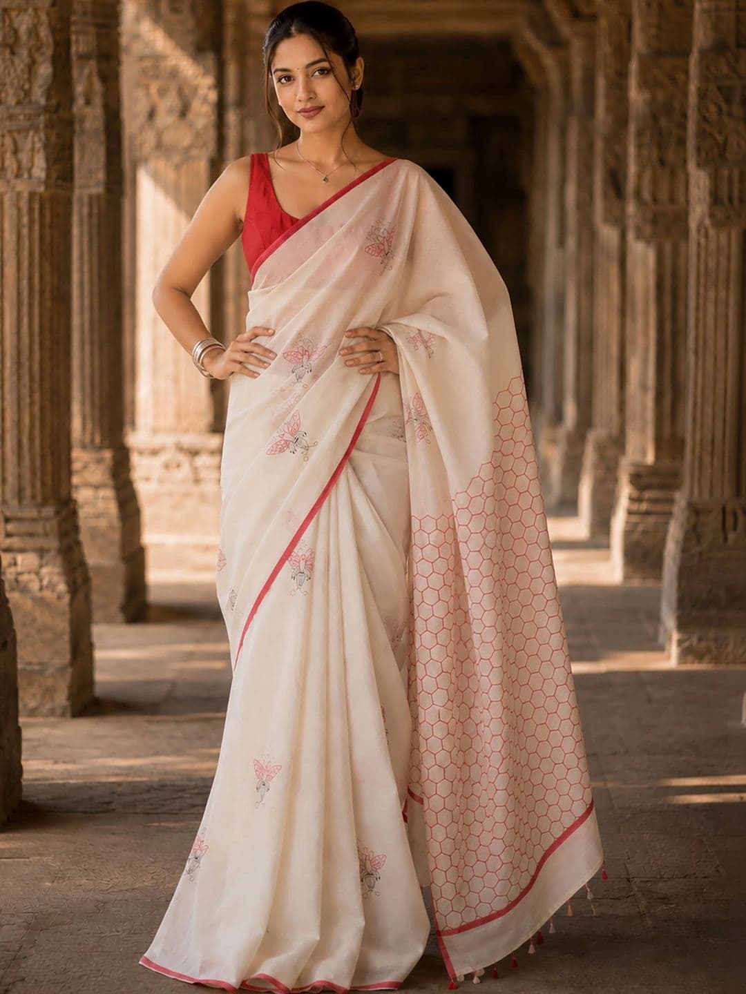 KALINI Linen Blend Designer Block Print Saree thumbnail 4
