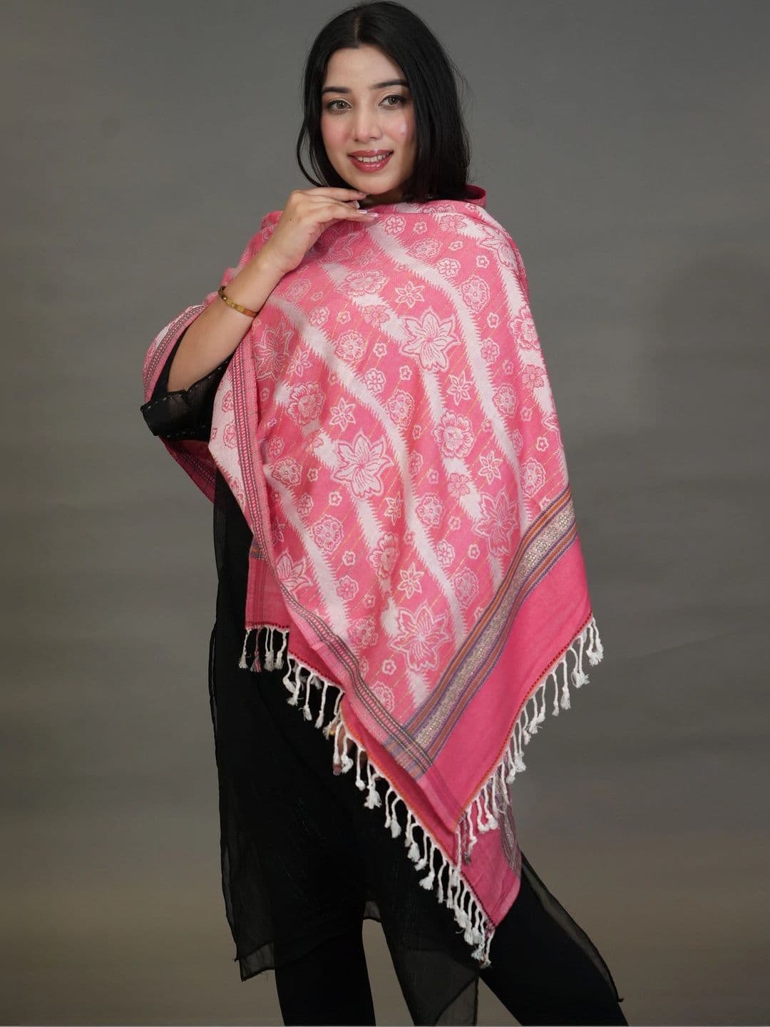 SHIFNEEN Women Floral Woven Design Acrylic Shawl thumbnail 2