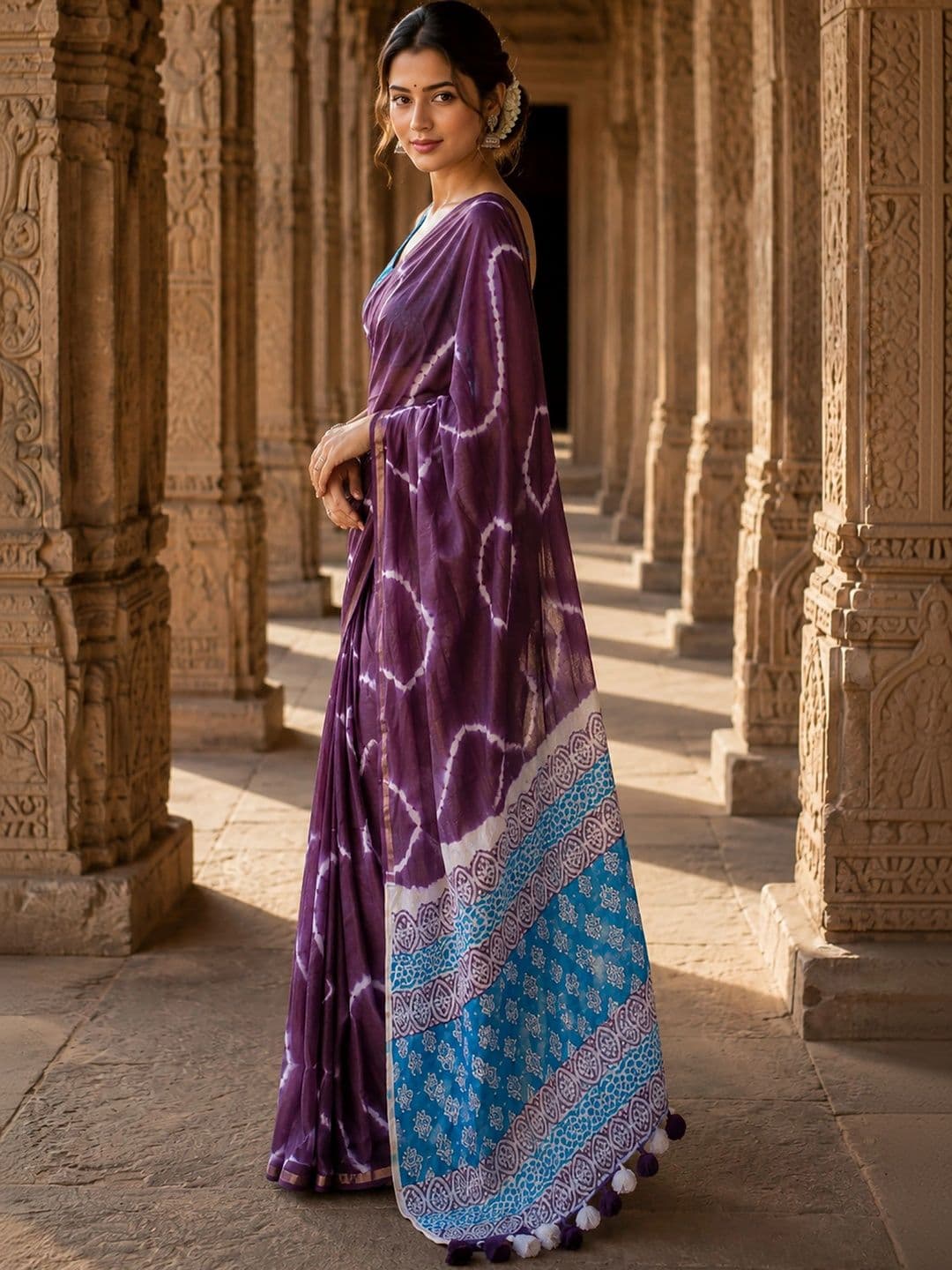 KALINI Tie and Dye Linen Blend Designer Block Print Saree thumbnail 4