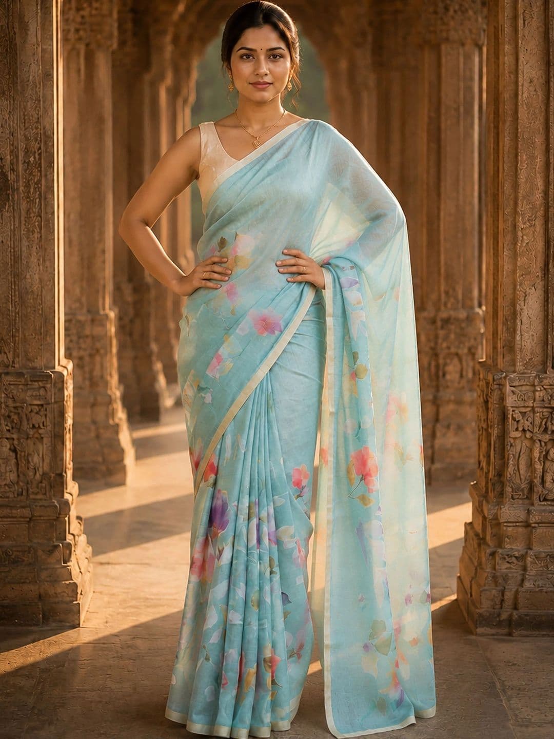 KALINI Floral Linen Blend Designer Block Print Saree thumbnail 4