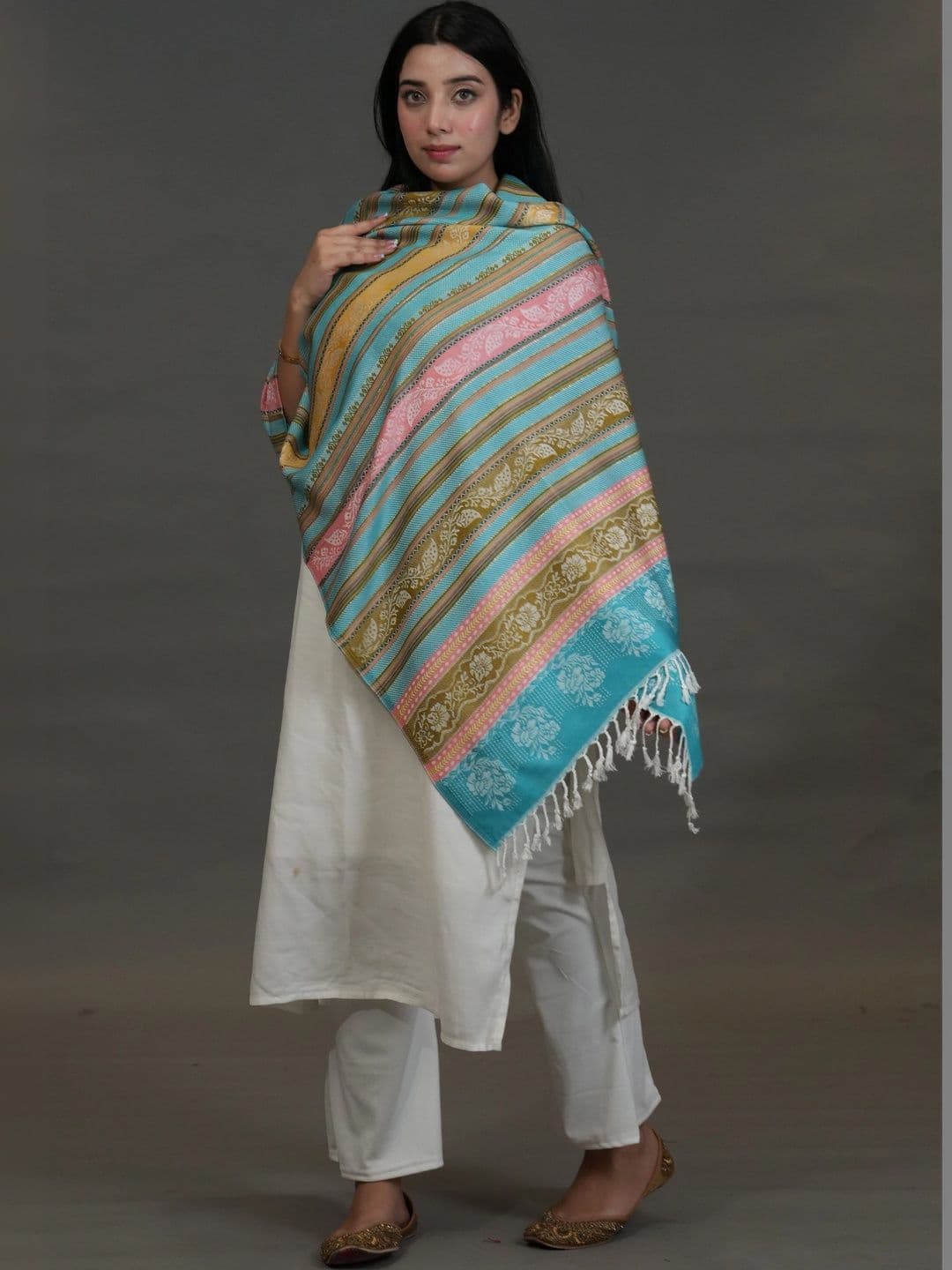 SHIFNEEN Women Striped Printed Acrylic Shawl thumbnail 2