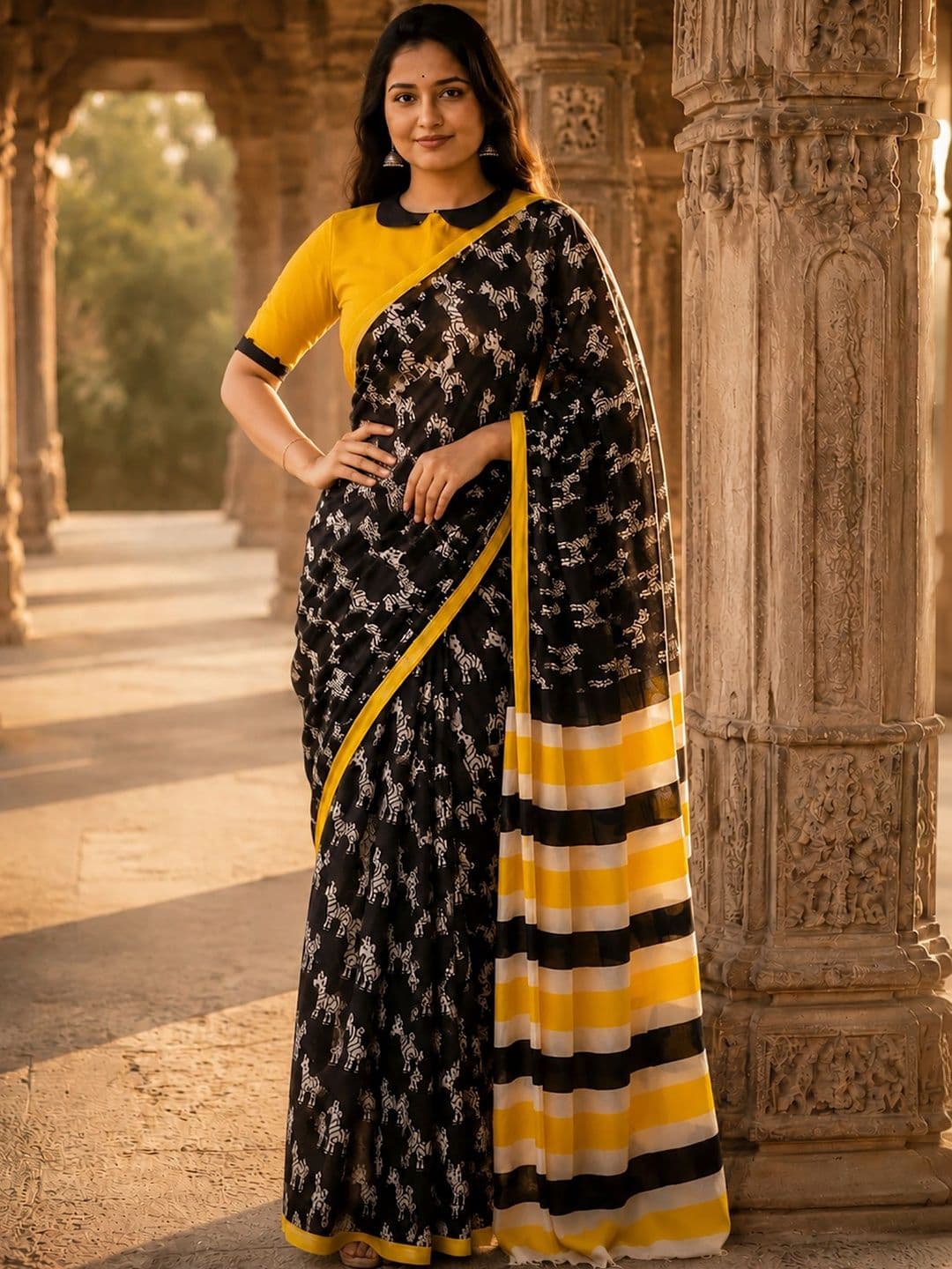 KALINI Linen Blend Designer Block Print Saree thumbnail 6