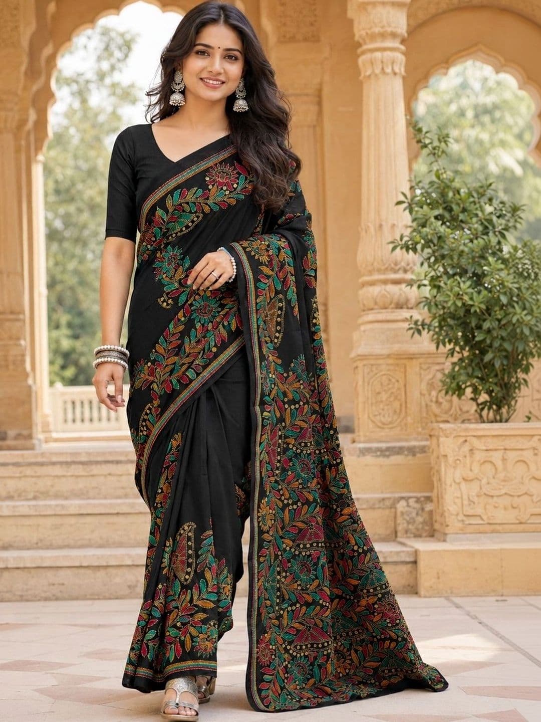HERE&NOW X Minu Fashions Floral Embroidered Pure Cotton Block Print Saree - view 1
