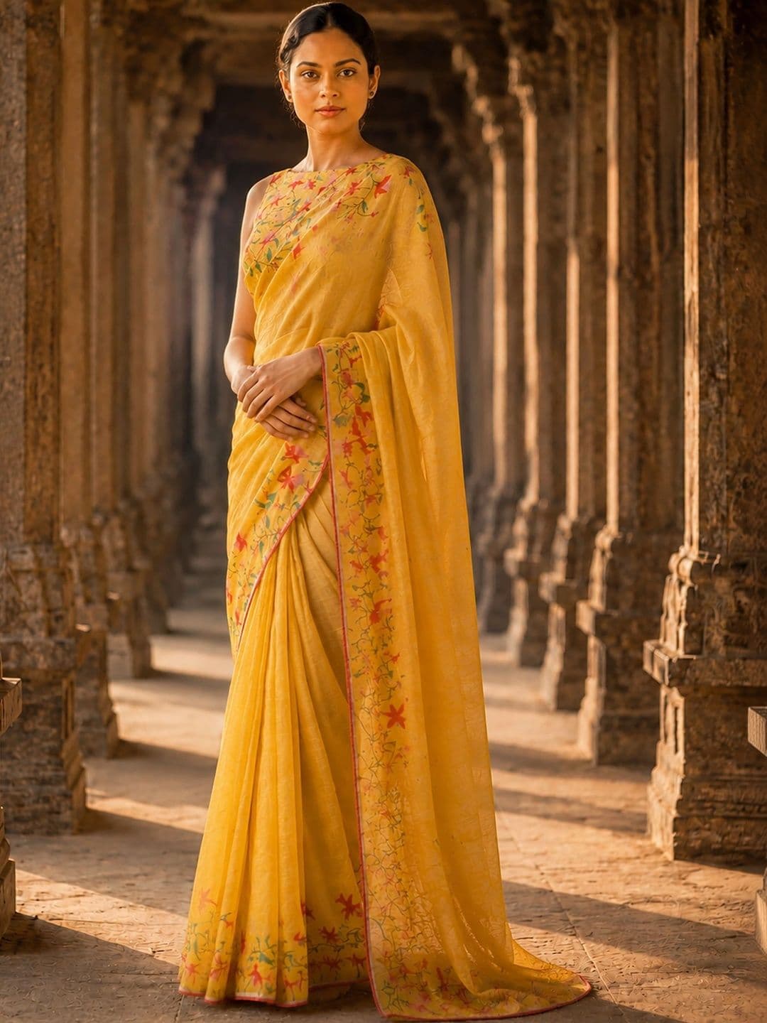 Aldwych Embroidered Linen Blend Designer Block Print Saree thumbnail 2