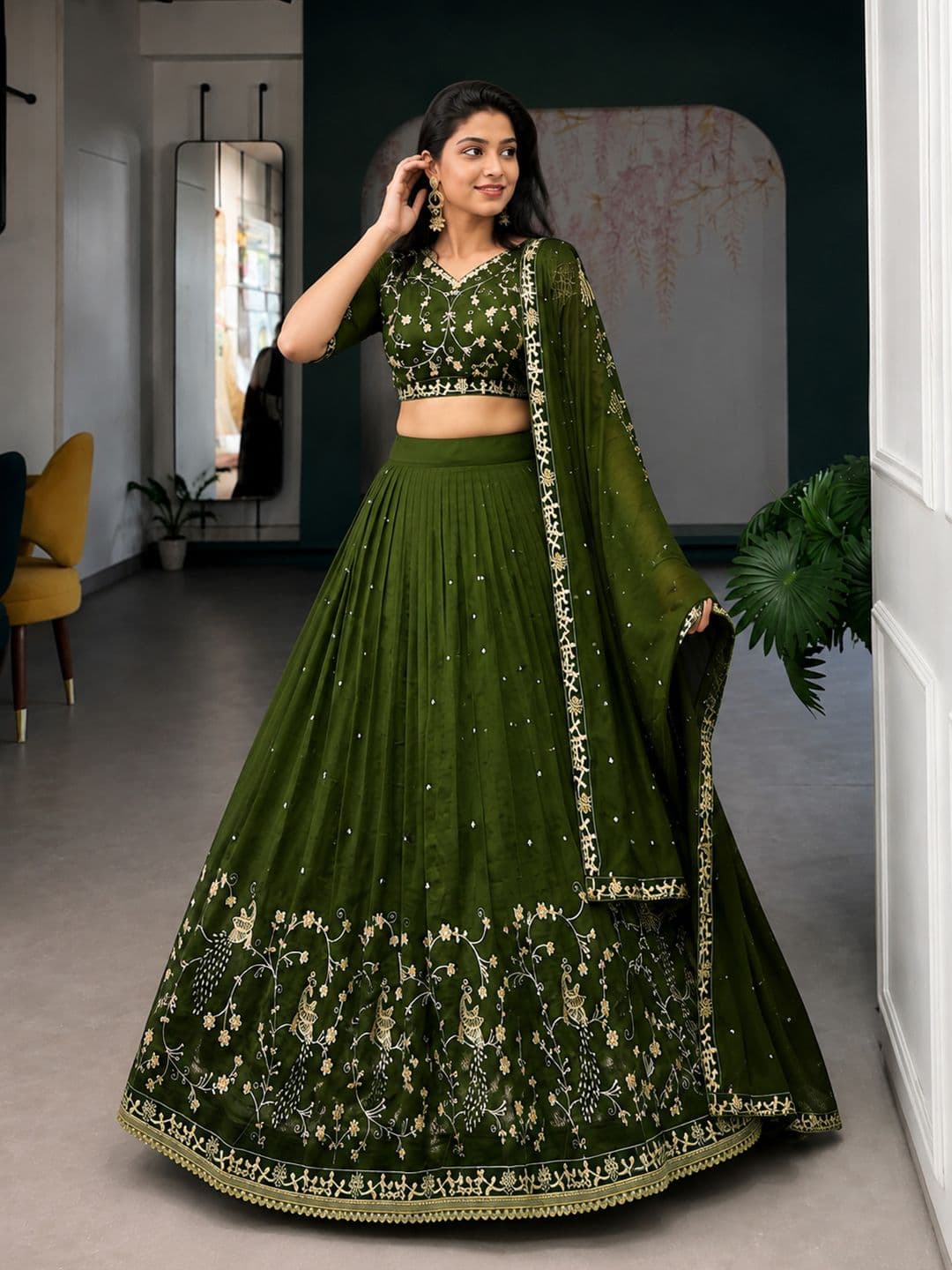 KRYSAL Embroidered Thread Work Semi-Stitched Lehenga & Blouse With Dupatta thumbnail 3