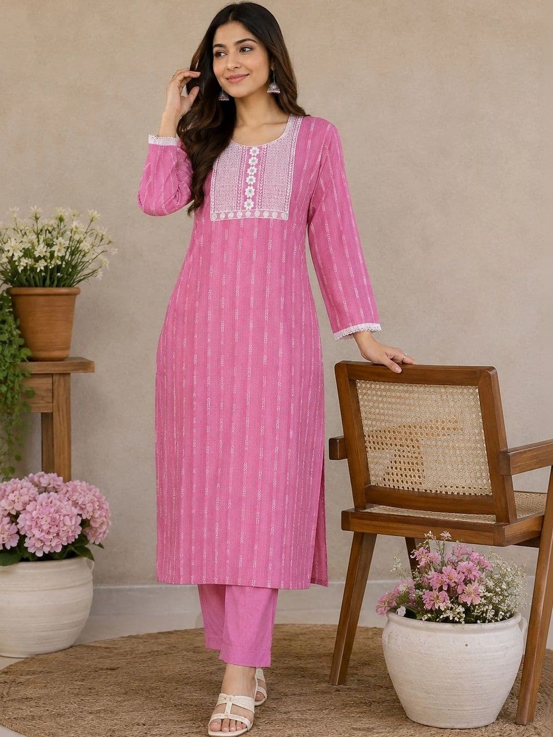 Khasmuda Attire Motifs Embroidered Regular Thread Work Pure Cotton Kurta with Trousers - view 1