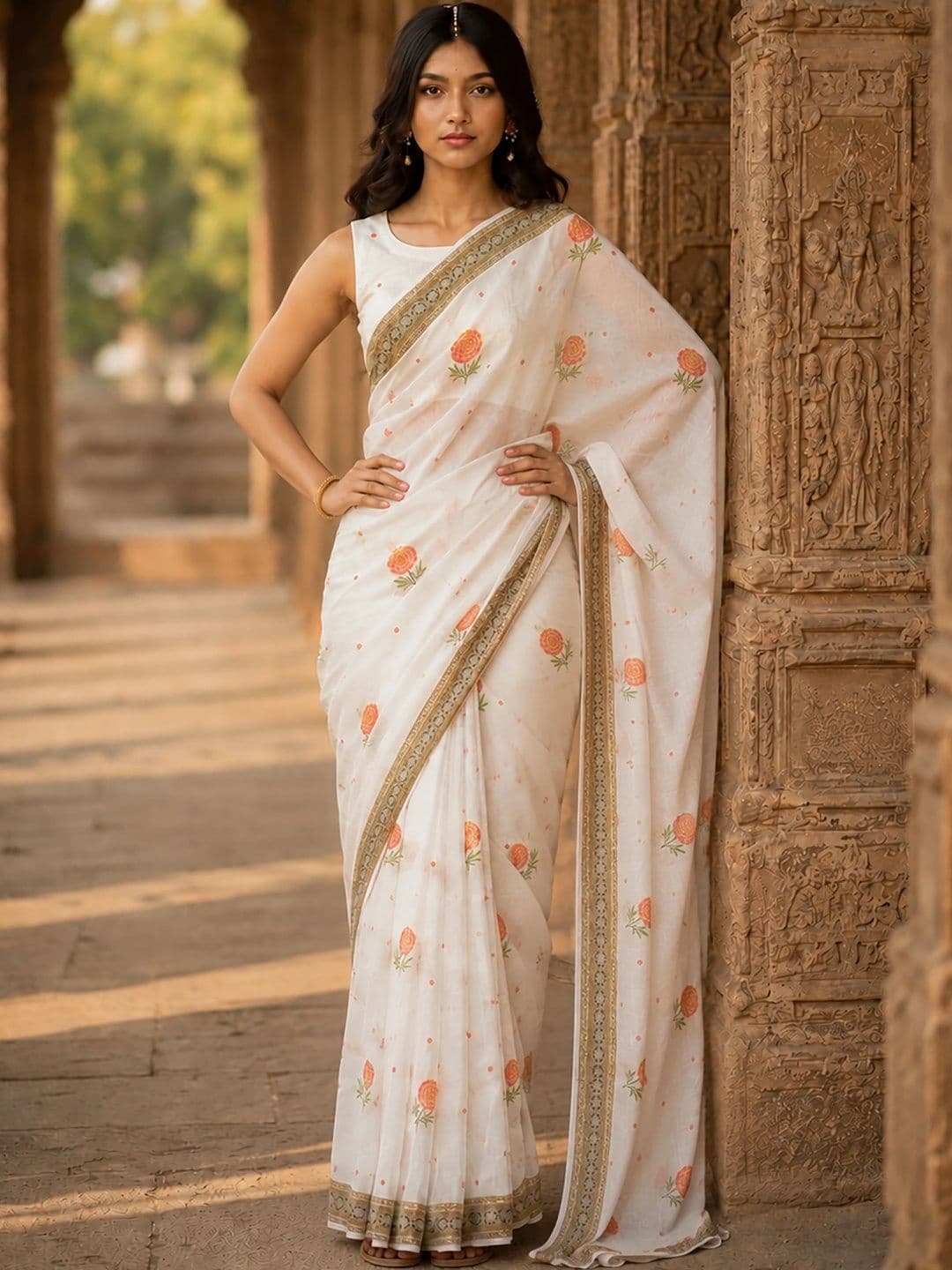 KALINI Floral Linen Blend Designer Block Print Saree thumbnail 2