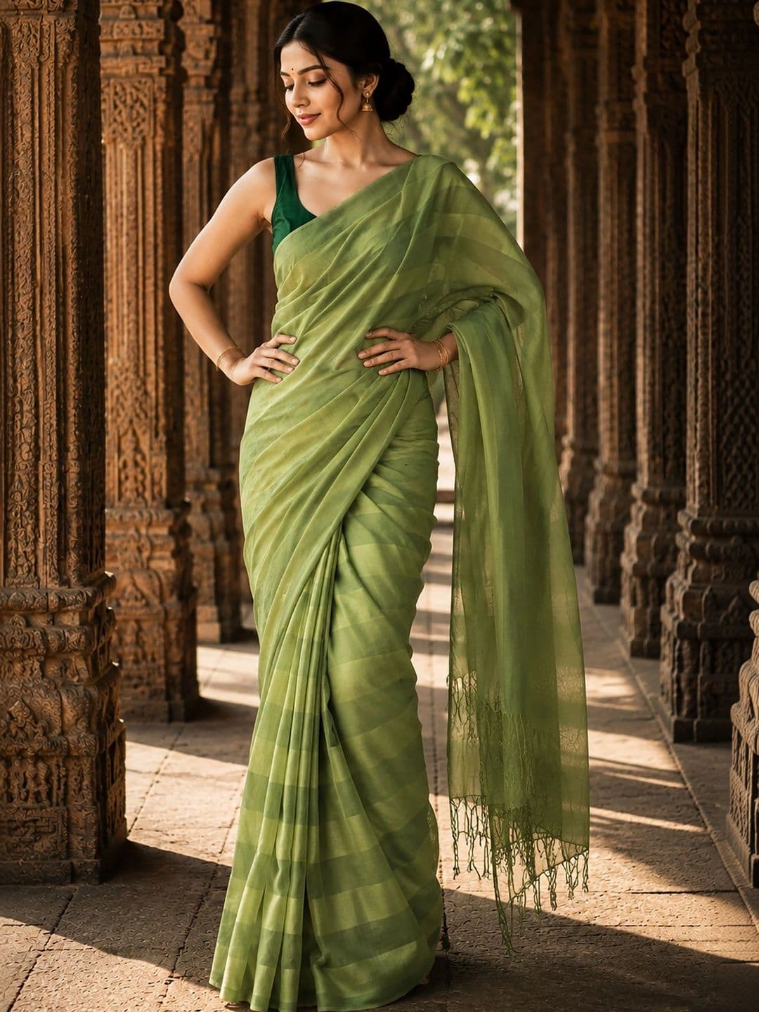 KALINI Striped Linen Blend Designer Block Print Saree - view 1