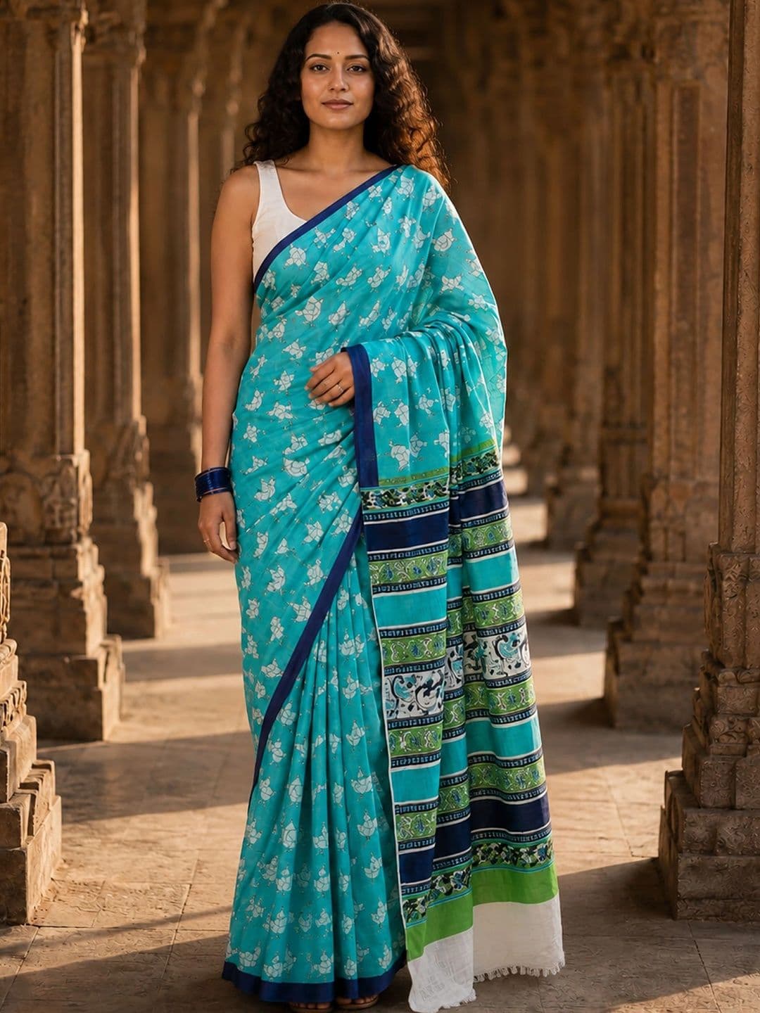KALINI Floral Linen Blend Designer Block Print Saree - view 1