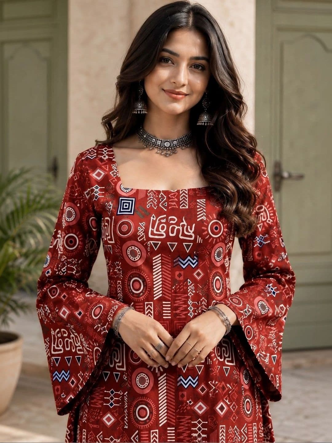 Sangria Women Printed Flared Sleeves Kurta thumbnail 3
