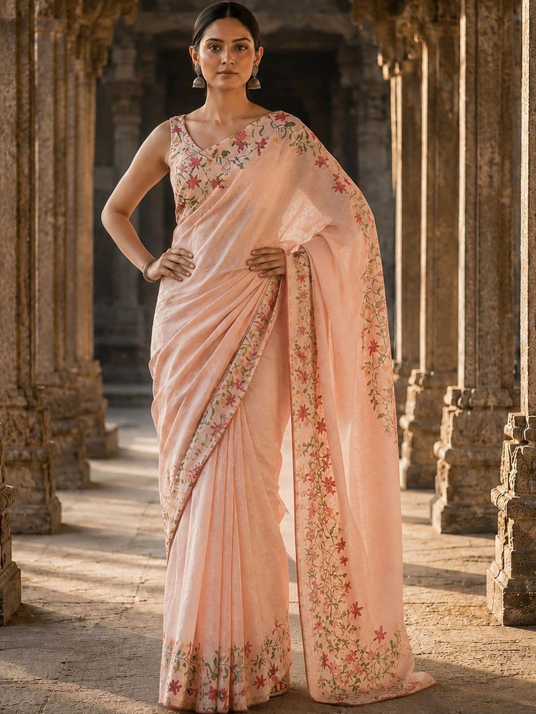 Aldwych Embroidered Linen Blend Designer Block Print Saree thumbnail 2
