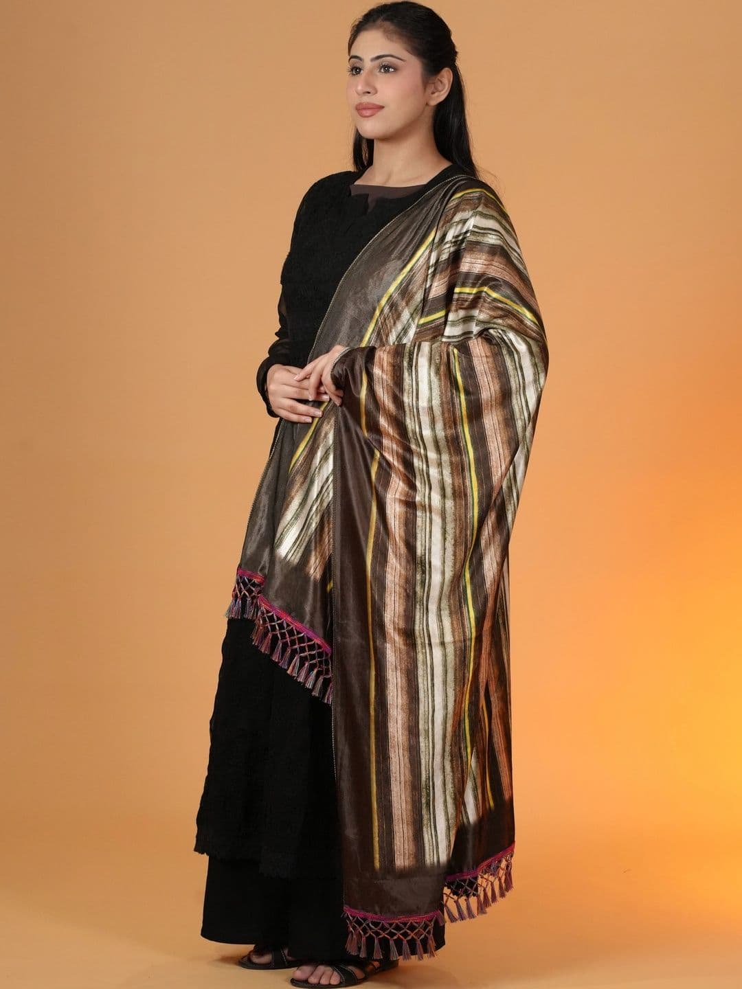 SHIFNEEN Women Striped Printed Velvet Shawl thumbnail 2