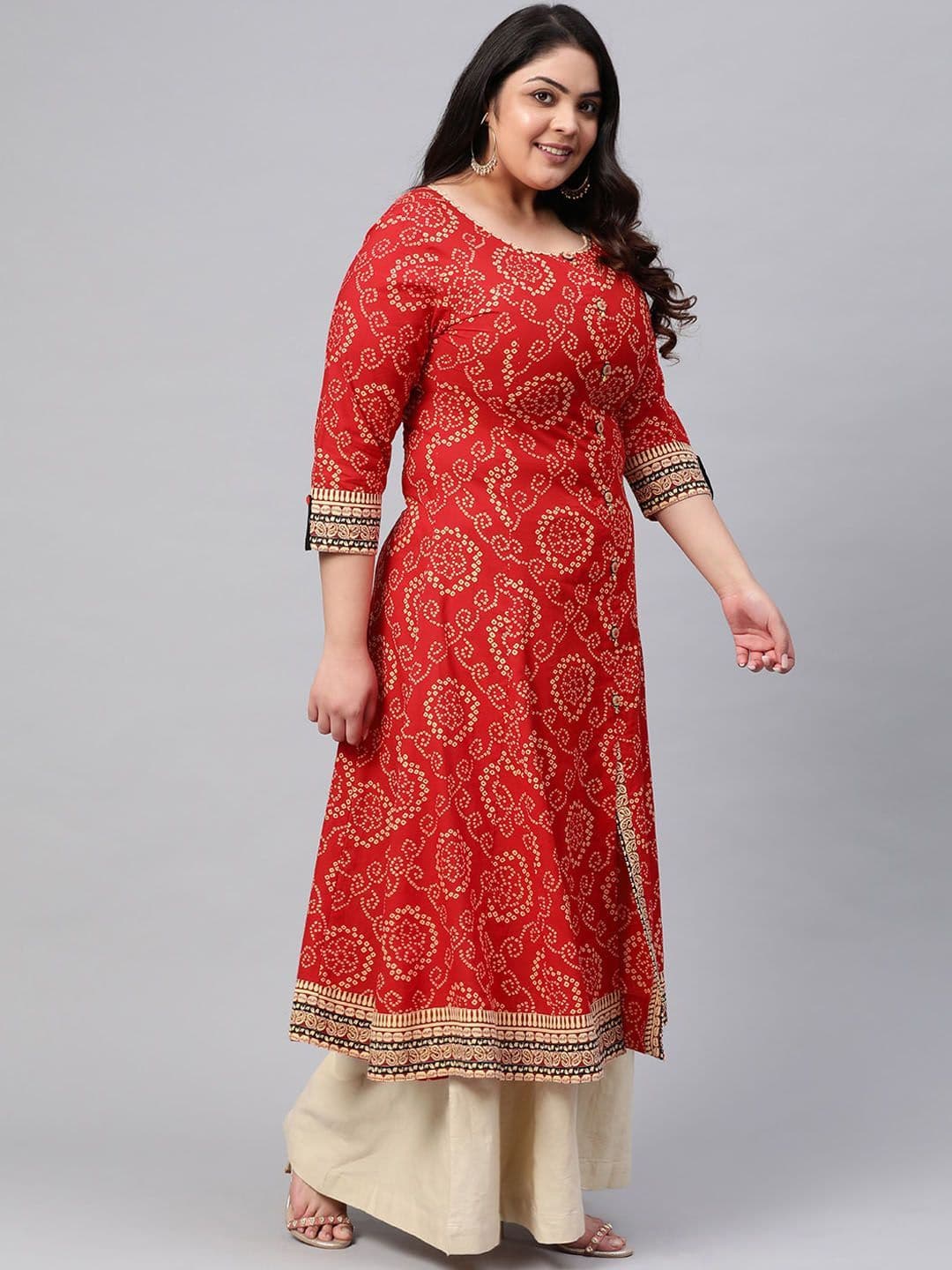 KALINI Plus Size Bandhani Printed Round Neck Cotton Anarkali Kurta thumbnail 2