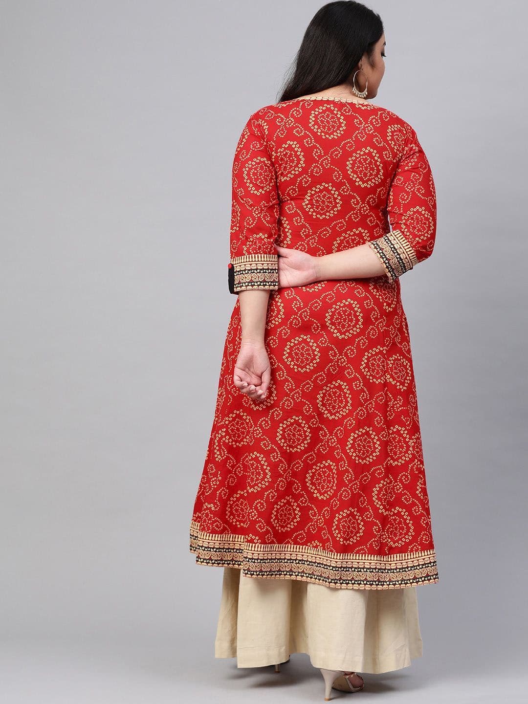 KALINI Plus Size Bandhani Printed Round Neck Cotton Anarkali Kurta thumbnail 3