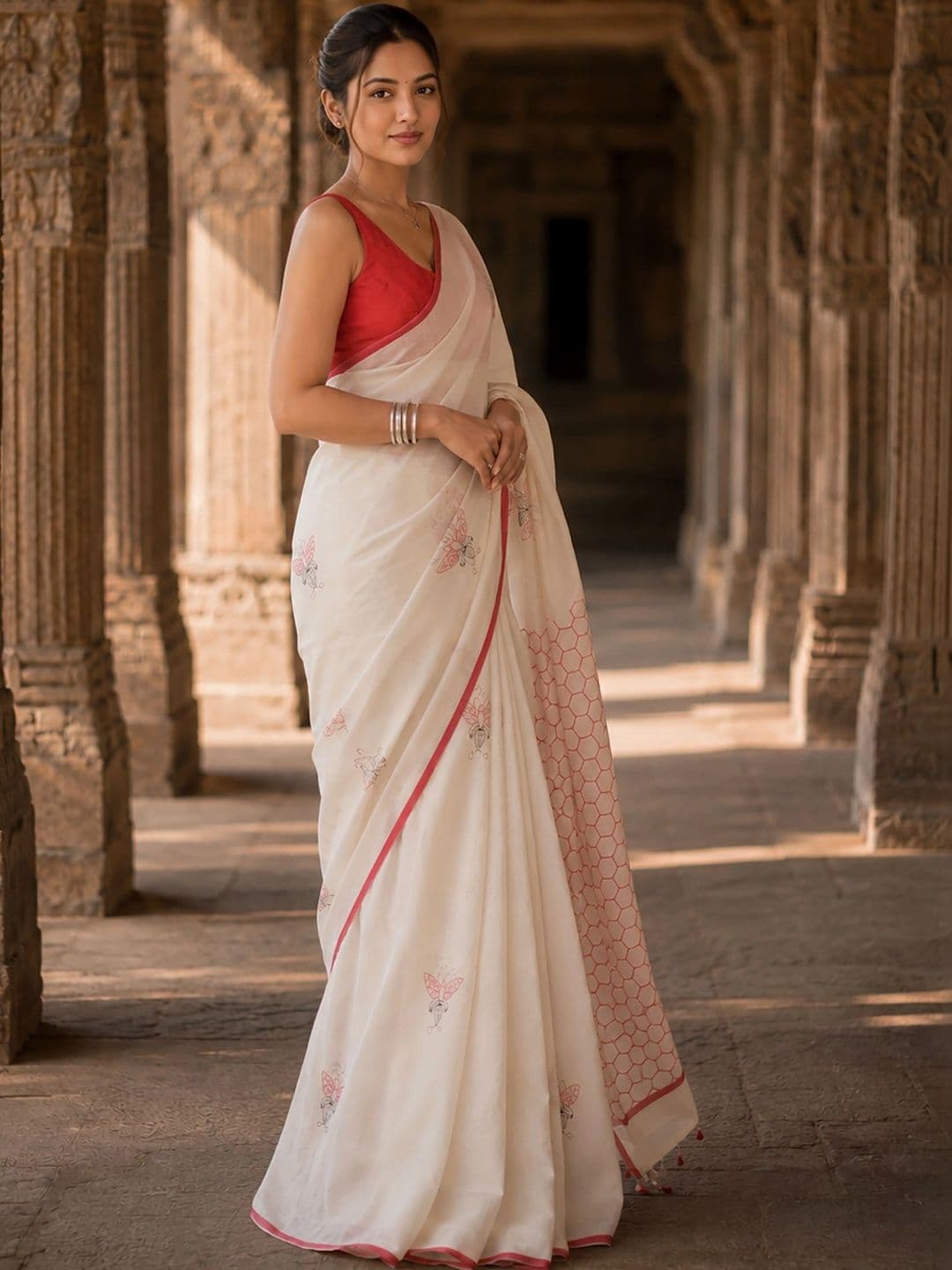 KALINI Linen Blend Designer Block Print Saree thumbnail 5