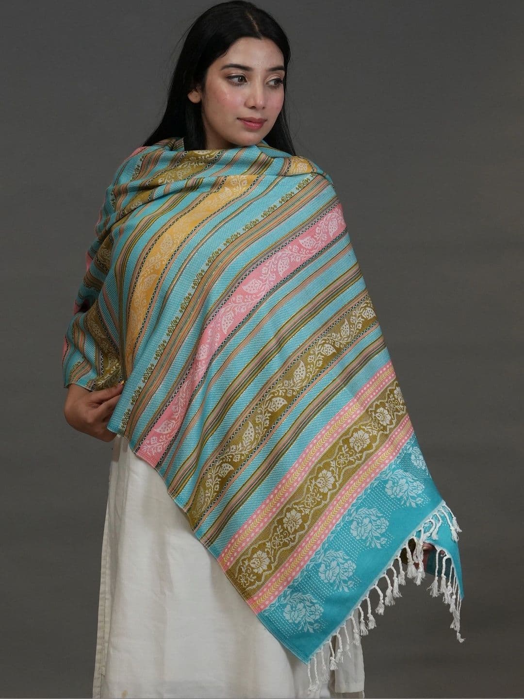 SHIFNEEN Women Striped Printed Acrylic Shawl thumbnail 3