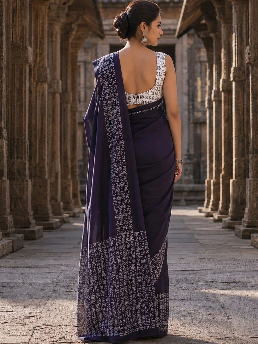 Aldwych Women Linen Blend Designer Block Print Saree thumbnail 5