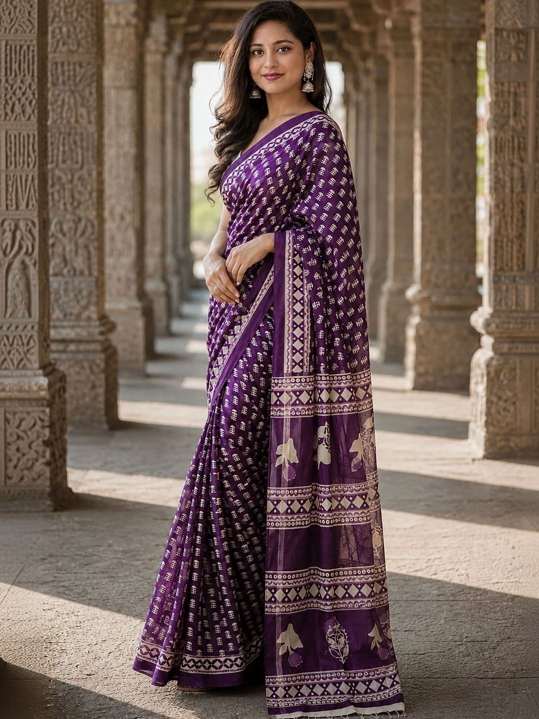 Aldwych Linen Blend Designer Block Print Saree thumbnail 3