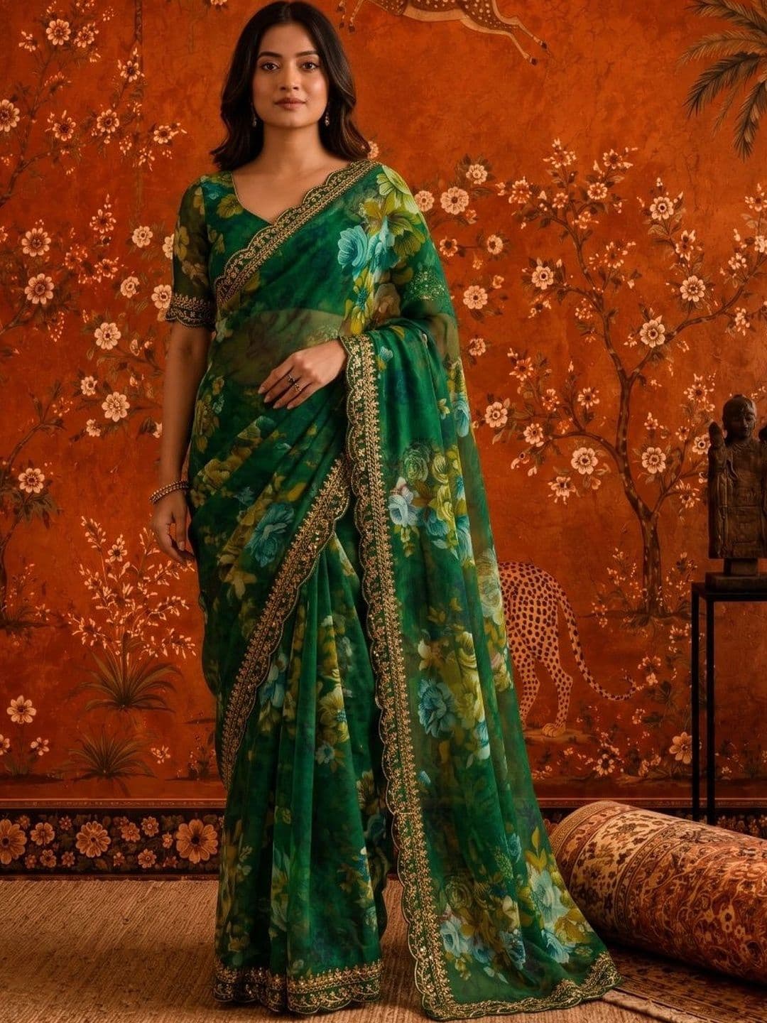 Sangria Floral Embroidered Poly Georgette Saree thumbnail 3