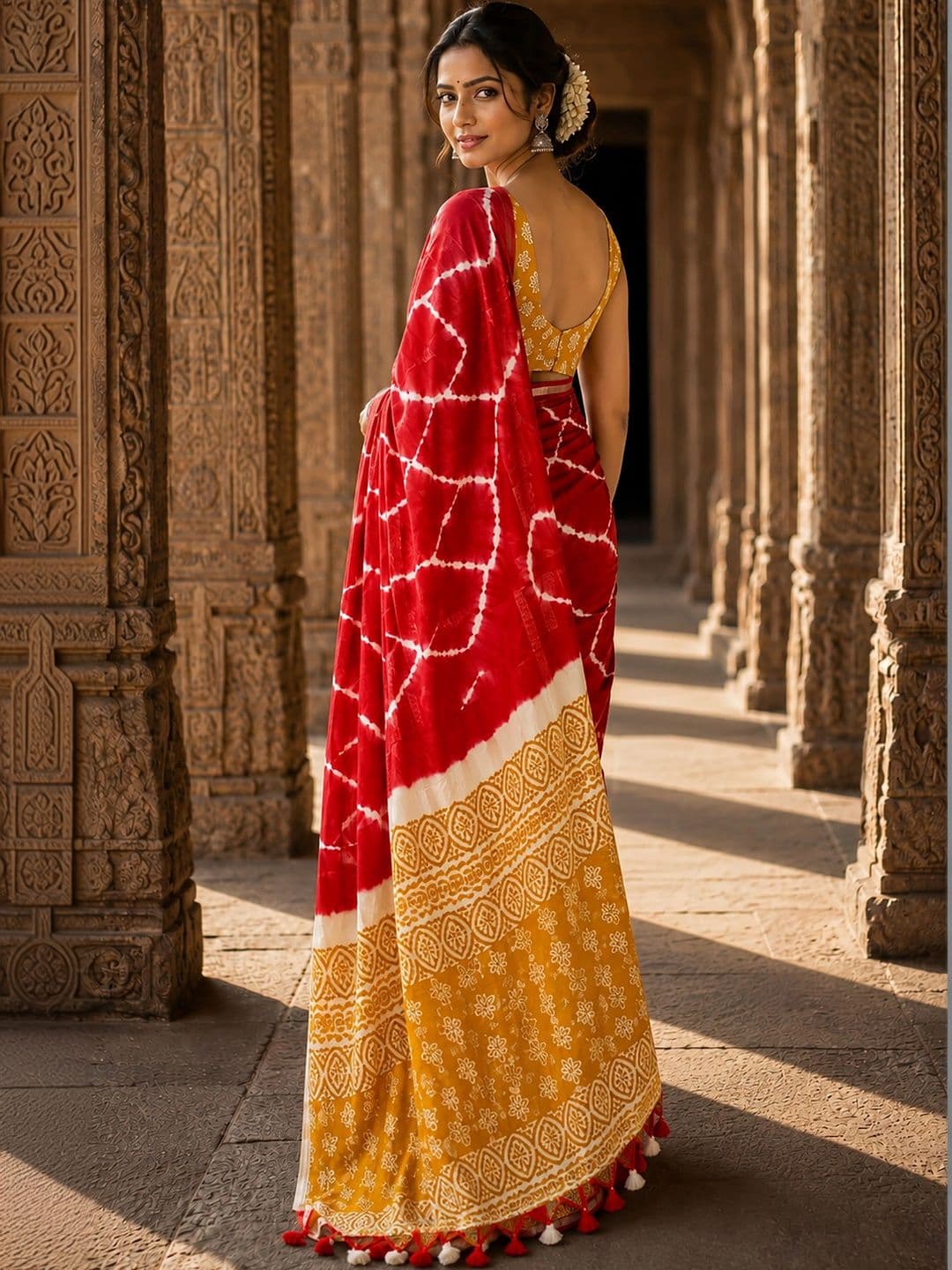 KALINI Tie and Dye Linen Blend Designer Block Print Saree thumbnail 4