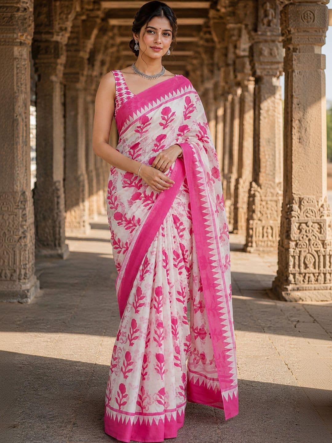 Aldwych Linen Blend Designer Block Print Saree - view 1