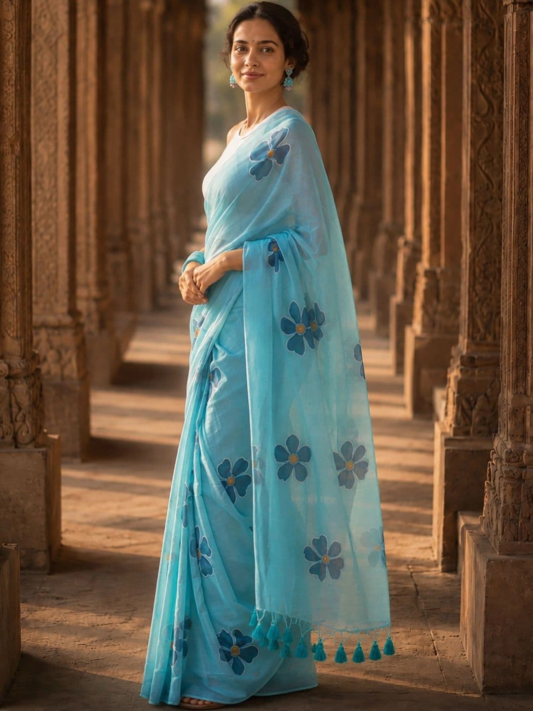 KALINI Floral Linen Blend Designer Block Print Saree thumbnail 4