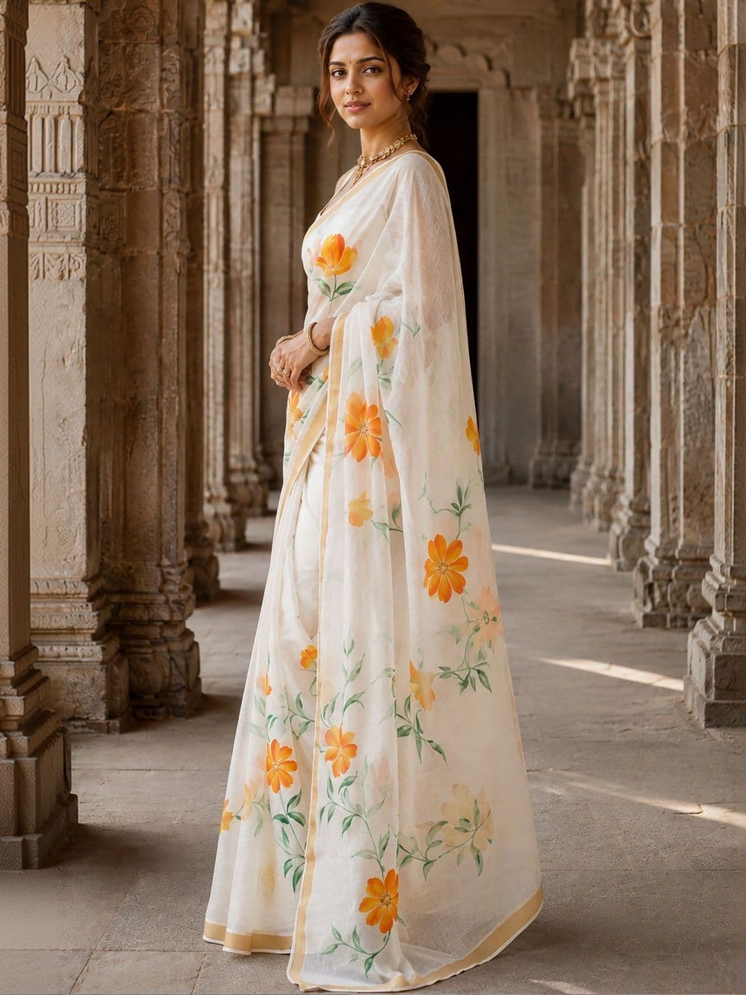 KALINI Floral Linen Blend Designer Block Print Saree thumbnail 2