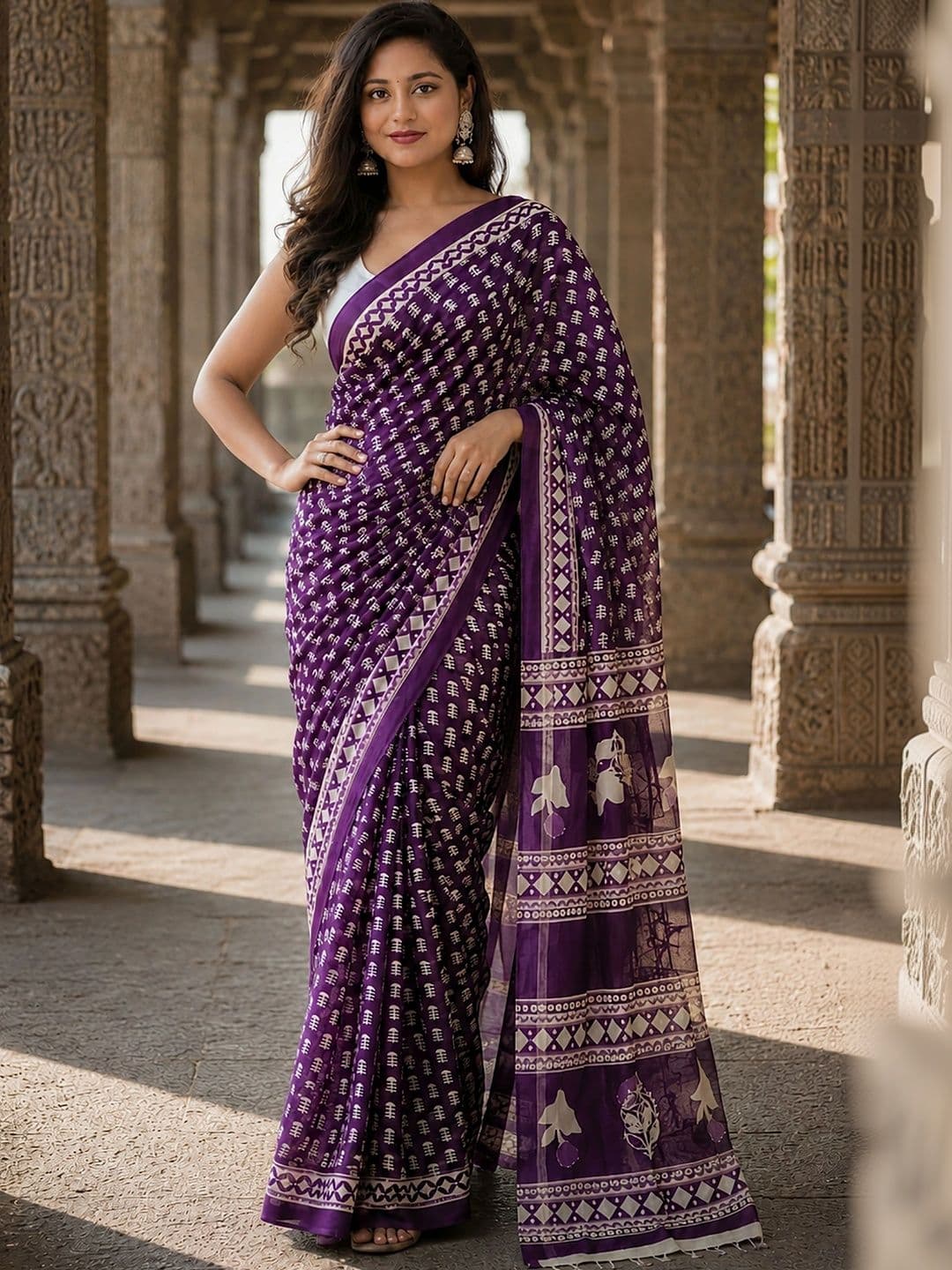 Aldwych Linen Blend Designer Block Print Saree thumbnail 5