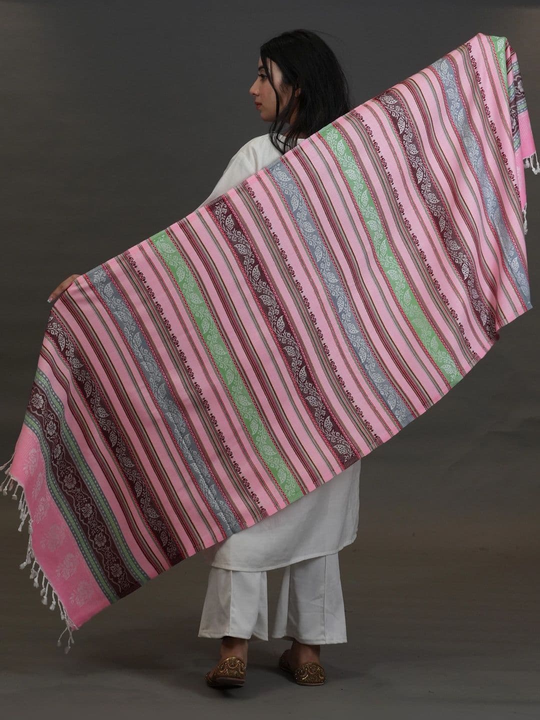 SHIFNEEN Women Striped Woven Design Acrylic Shawl thumbnail 5