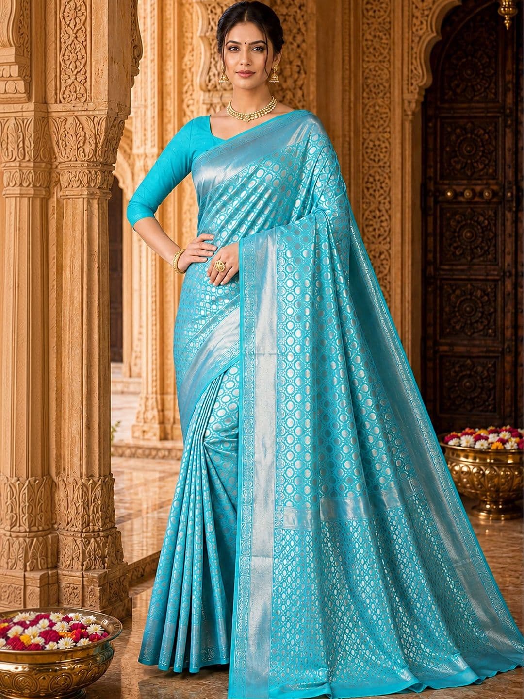 Anjaneya Sarees Woven Design Zari Silk Blend Designer Banarasi Saree thumbnail 4