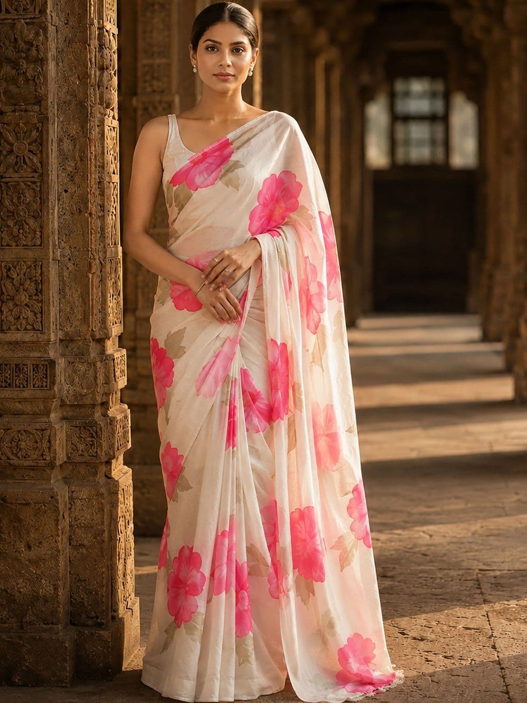 KALINI Floral Linen Blend Designer Block Print Saree - view 1