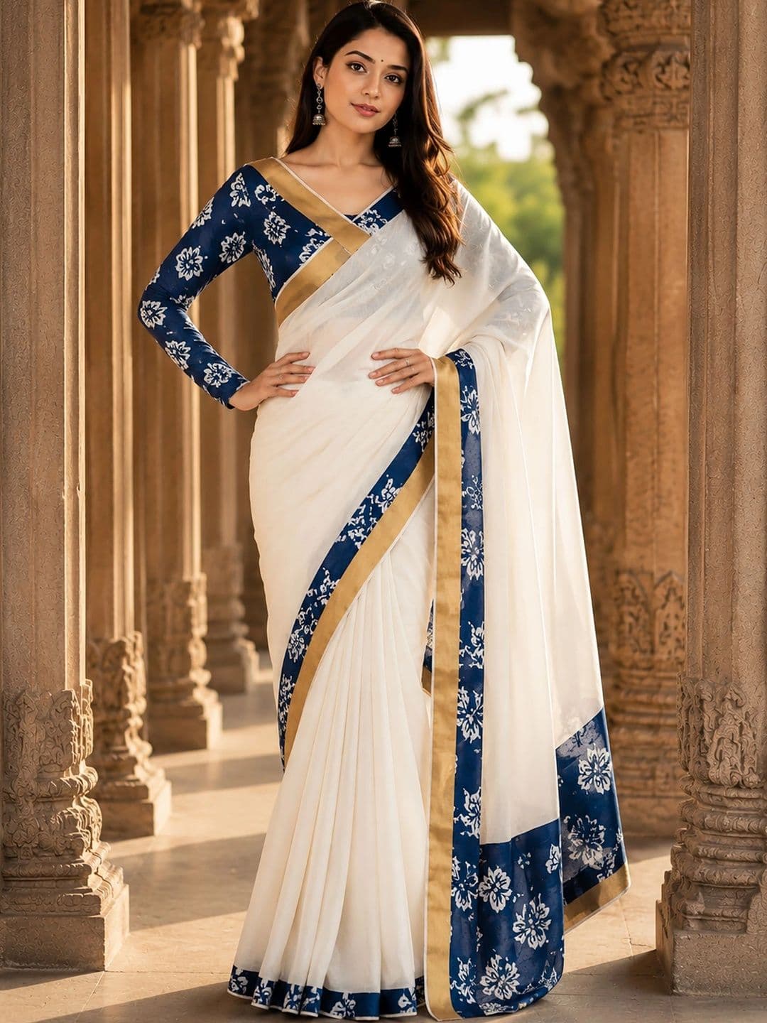 KALINI Floral Linen Blend Designer Block Print Saree thumbnail 4