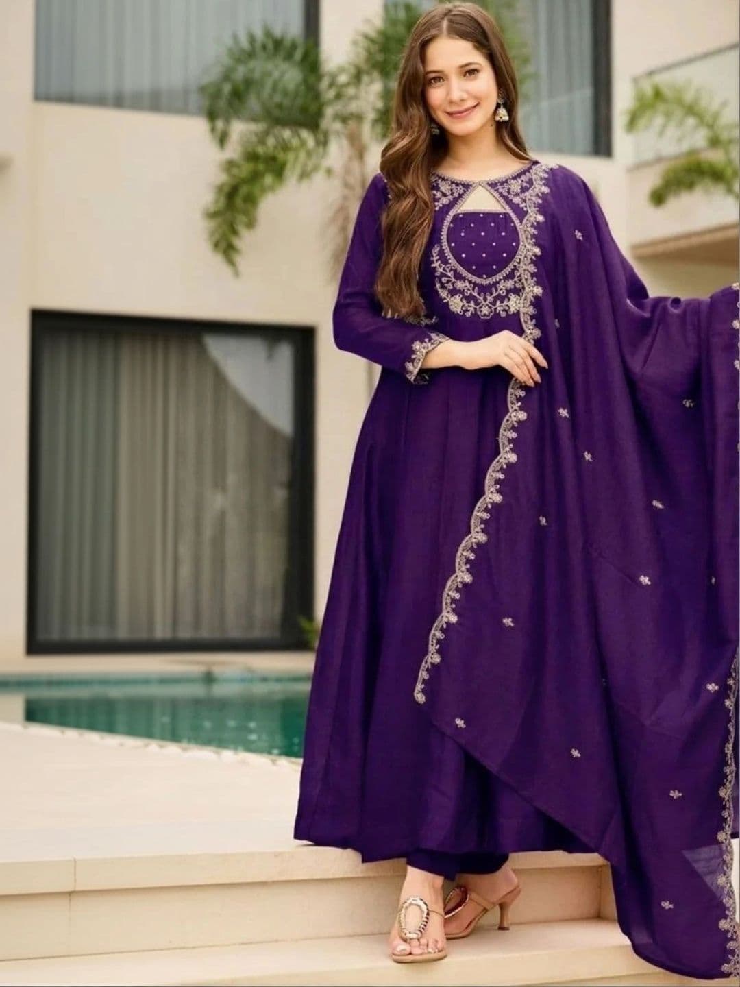 ROZLAND Women Ethnic Motifs Embroidered Regular Thread Work Silk Chiffon Kurta with Trousers & With Dupatta - view 1