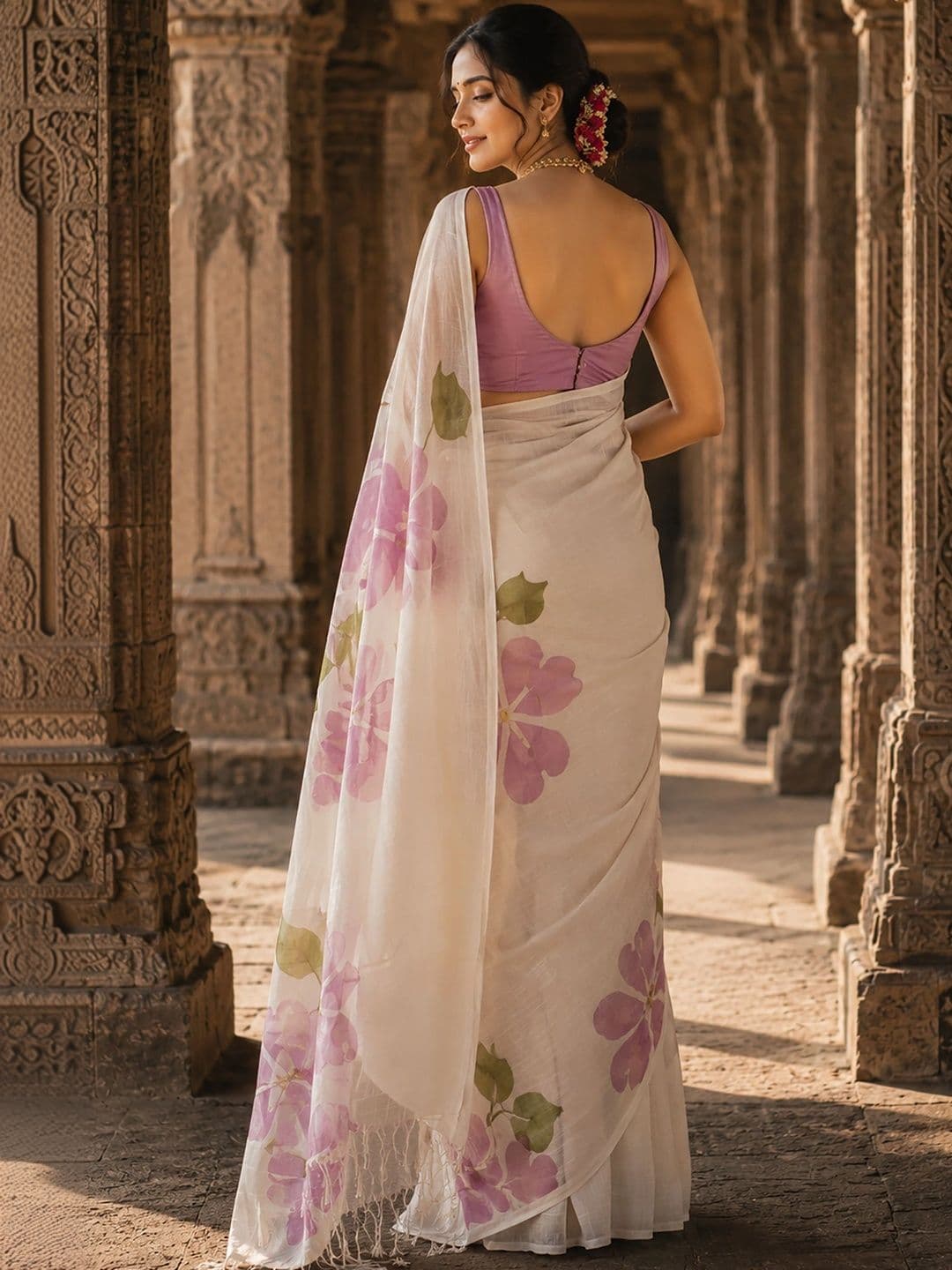 KALINI Floral Linen Blend Designer Block Print Saree thumbnail 4