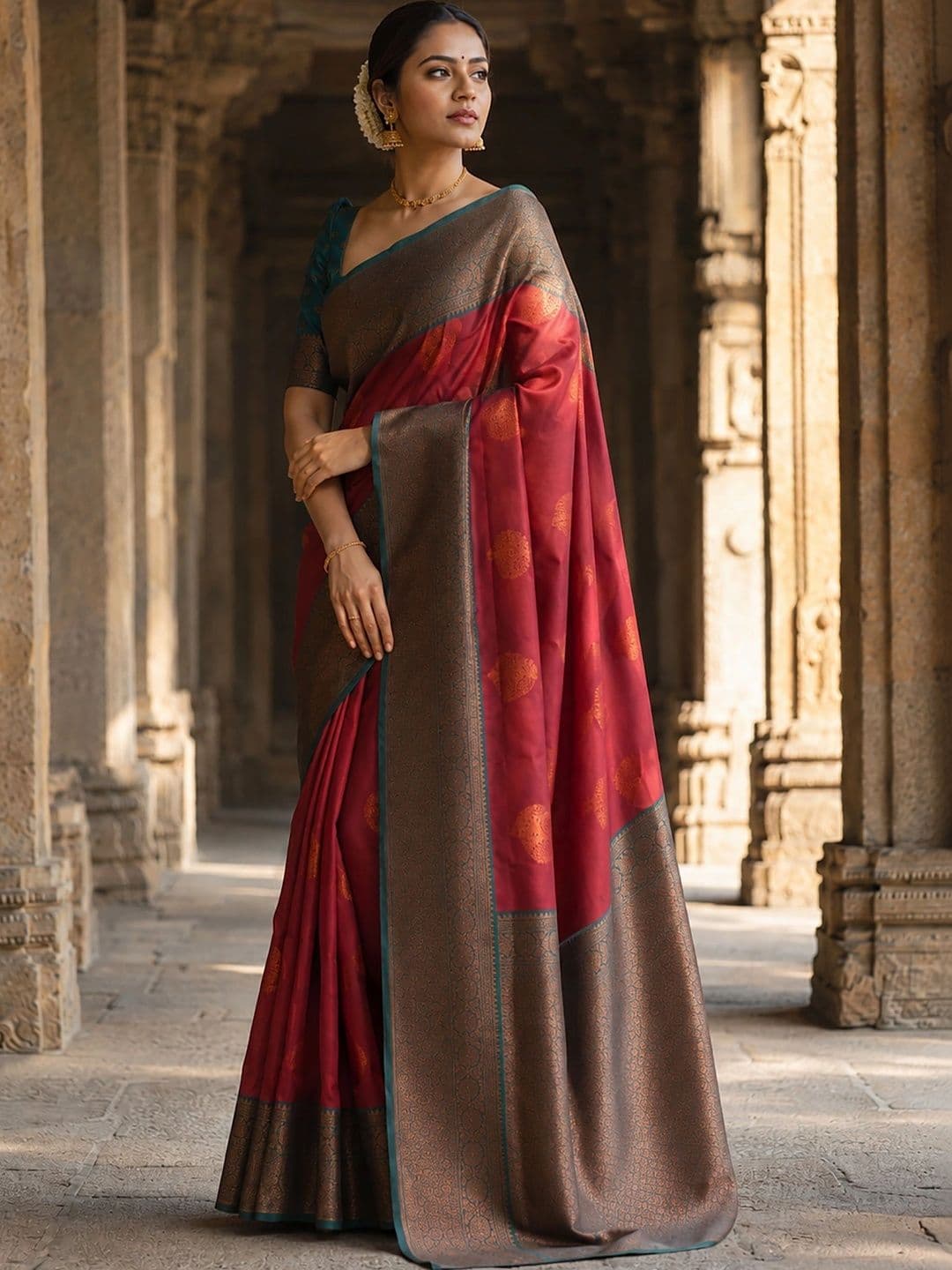 Anjaneya Sarees Woven Design Zari Silk Blend Designer Banarasi Saree thumbnail 3