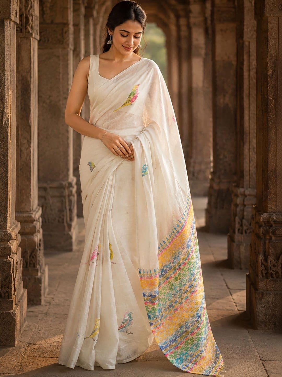 KALINI Linen Blend Designer Block Print Saree thumbnail 6