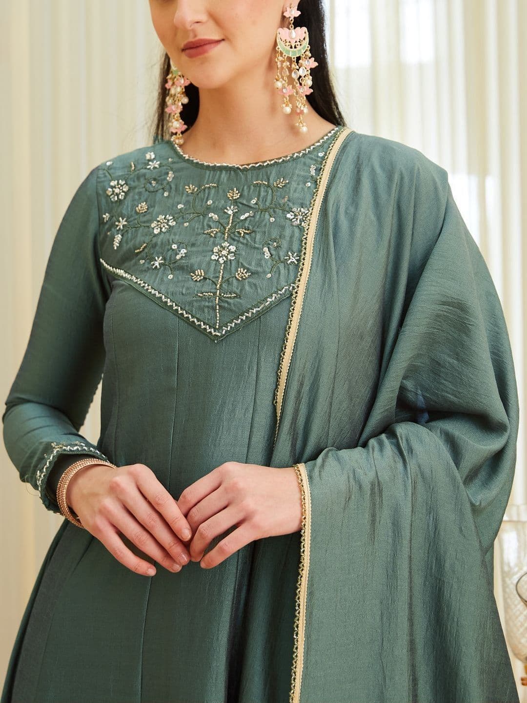 MOKOSH Women Embroidered Anarkali Kurta And Pant With Dupatta Set thumbnail 3