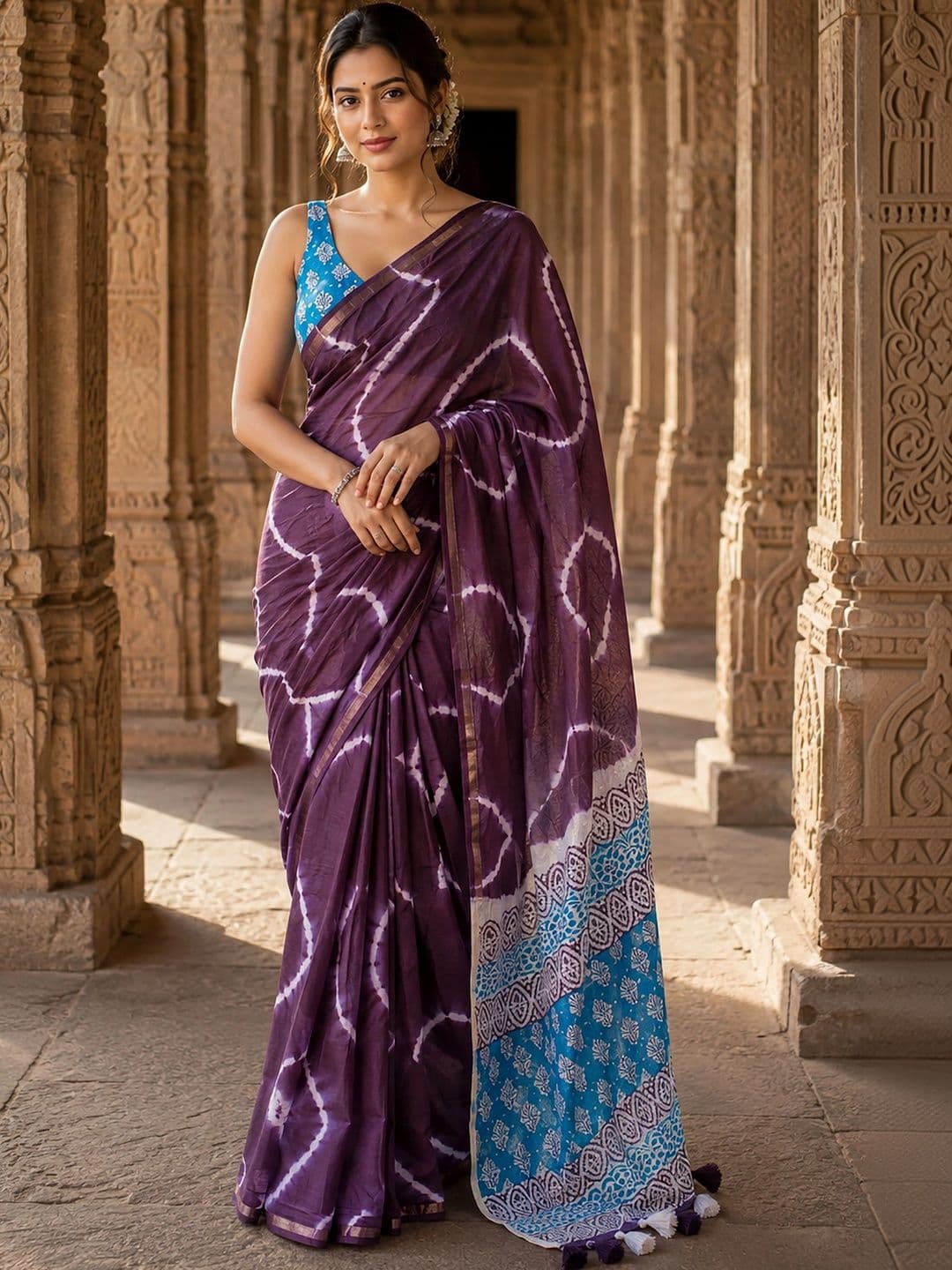 KALINI Tie and Dye Linen Blend Designer Block Print Saree thumbnail 5