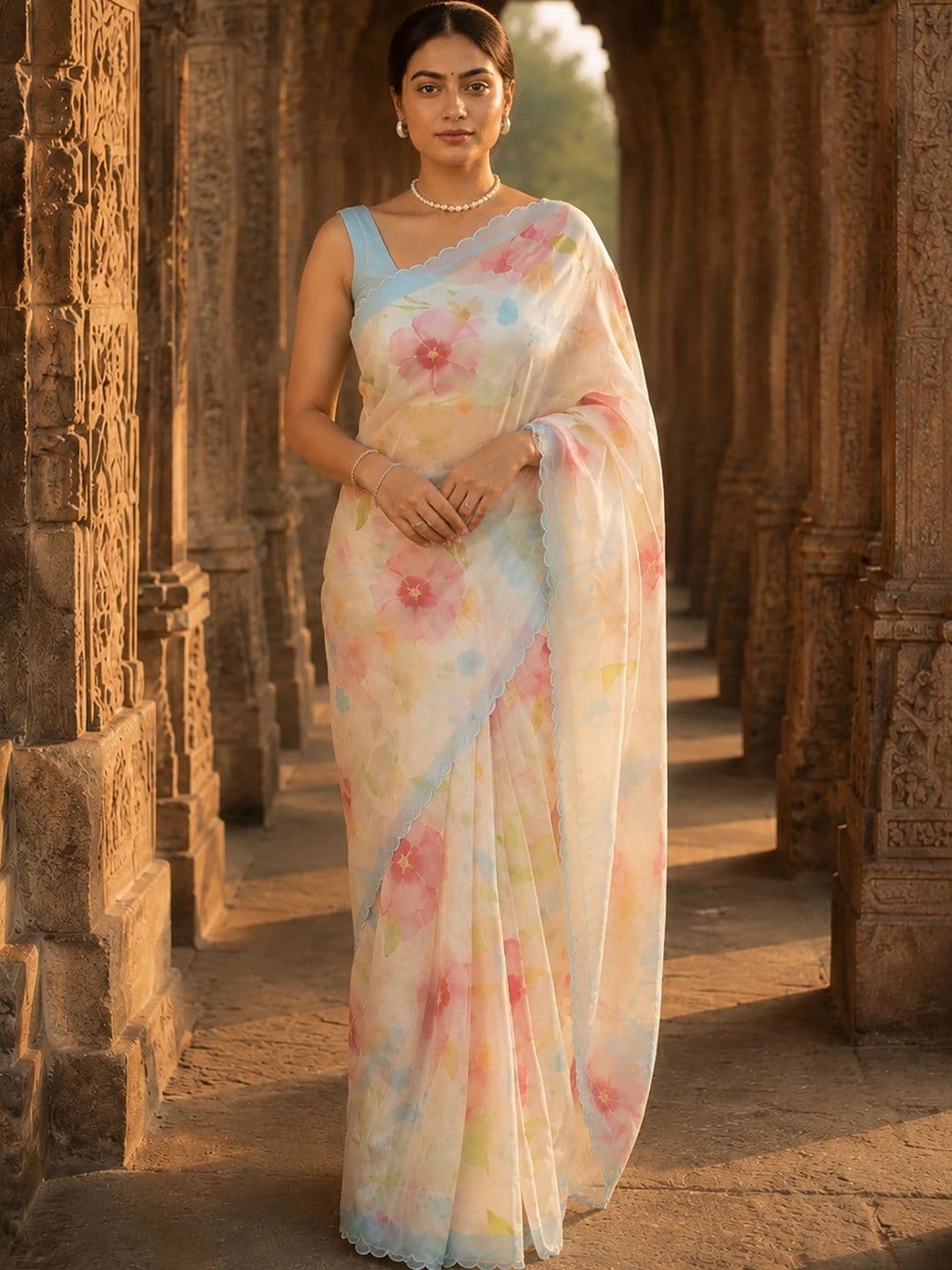 KALINI Floral Linen Blend Designer Block Print Saree - view 1