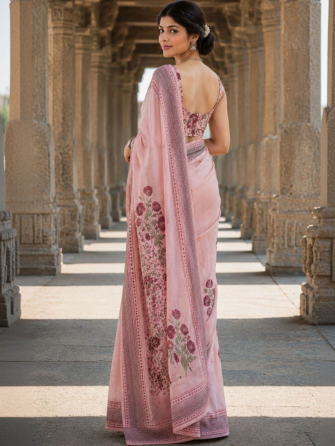 Aldwych Floral Linen Blend Fusion Block Print Saree thumbnail 4