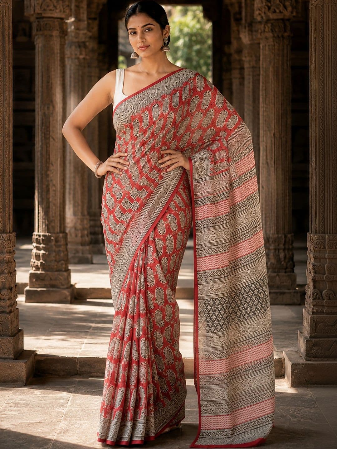KALINI Linen Blend Designer Block Print Saree thumbnail 2