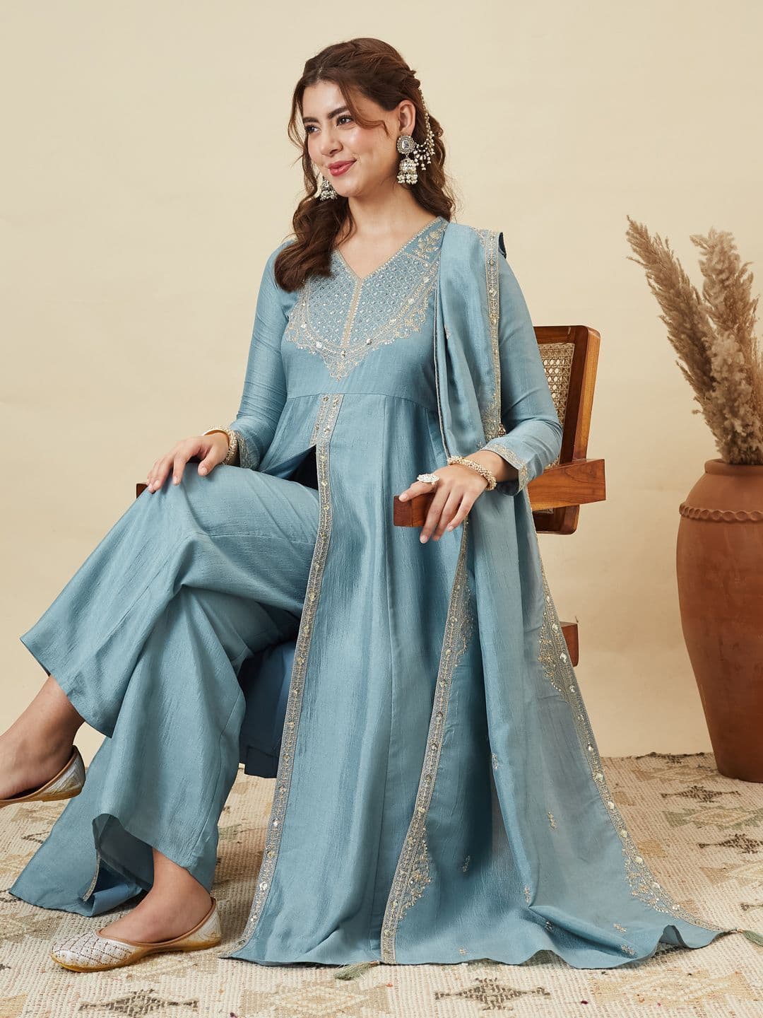 Colors  of Earth Colors of Earth Silk Embroidered Anarkali Kurta And Palazzo Set With Dupatta thumbnail 6