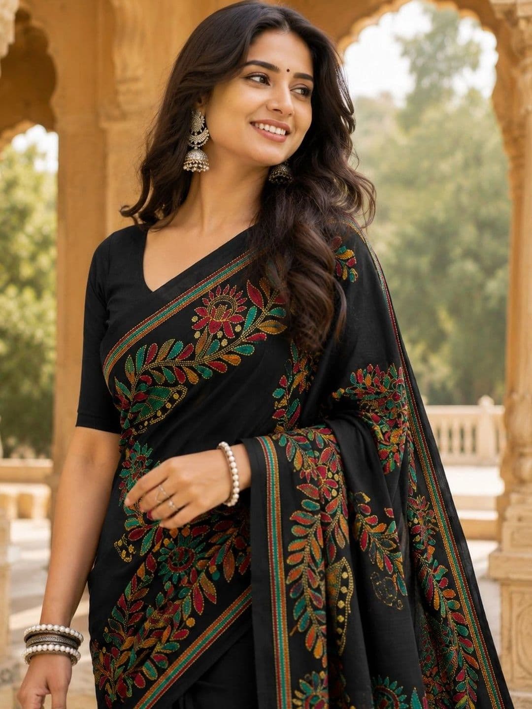 HERE&NOW X Minu Fashions Floral Embroidered Pure Cotton Block Print Saree thumbnail 5
