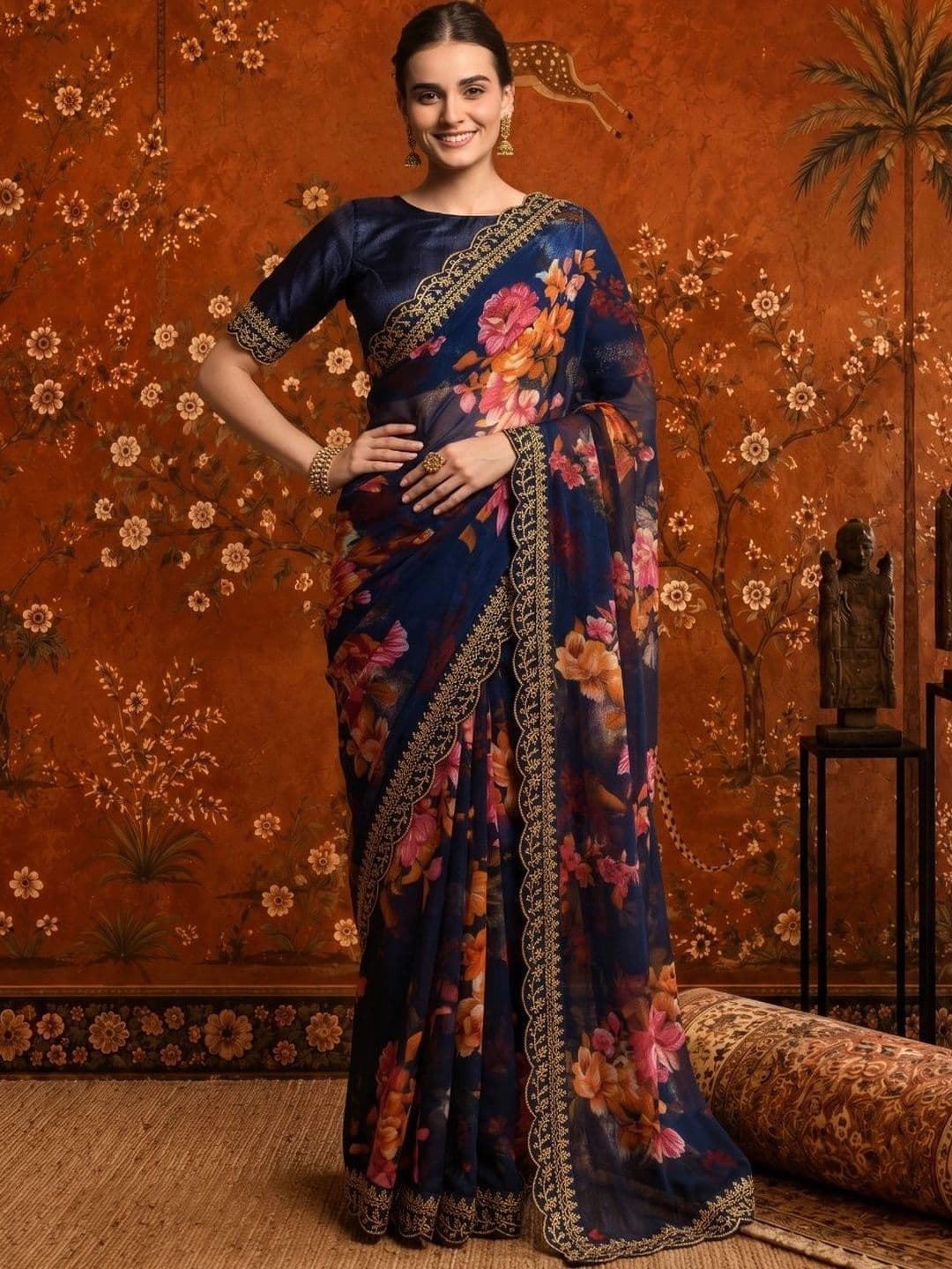 Sangria Floral Embroidered Poly Georgette Saree thumbnail 4