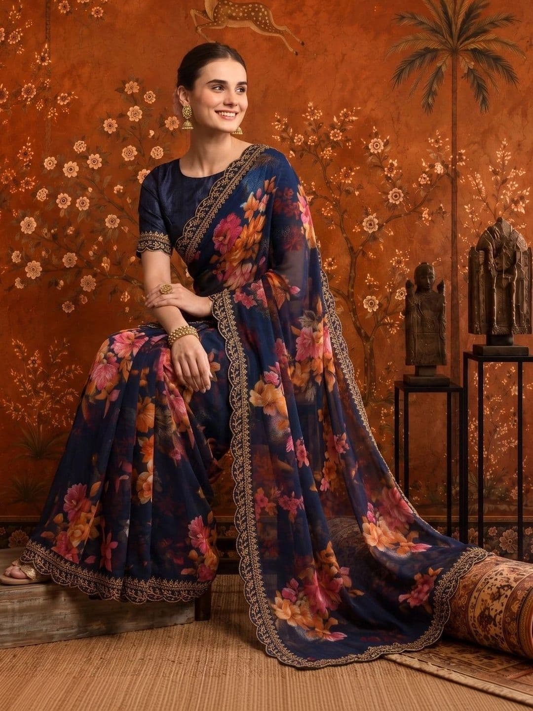 Sangria Floral Embroidered Poly Georgette Saree thumbnail 6