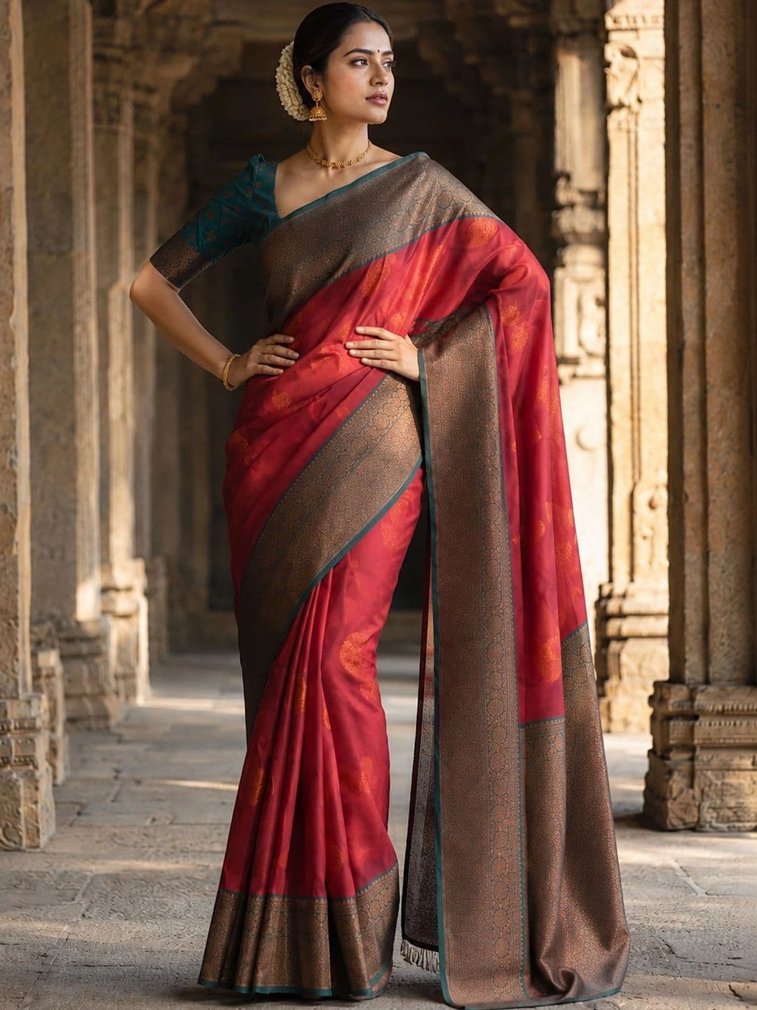 Anjaneya Sarees Woven Design Zari Silk Blend Designer Banarasi Saree thumbnail 5
