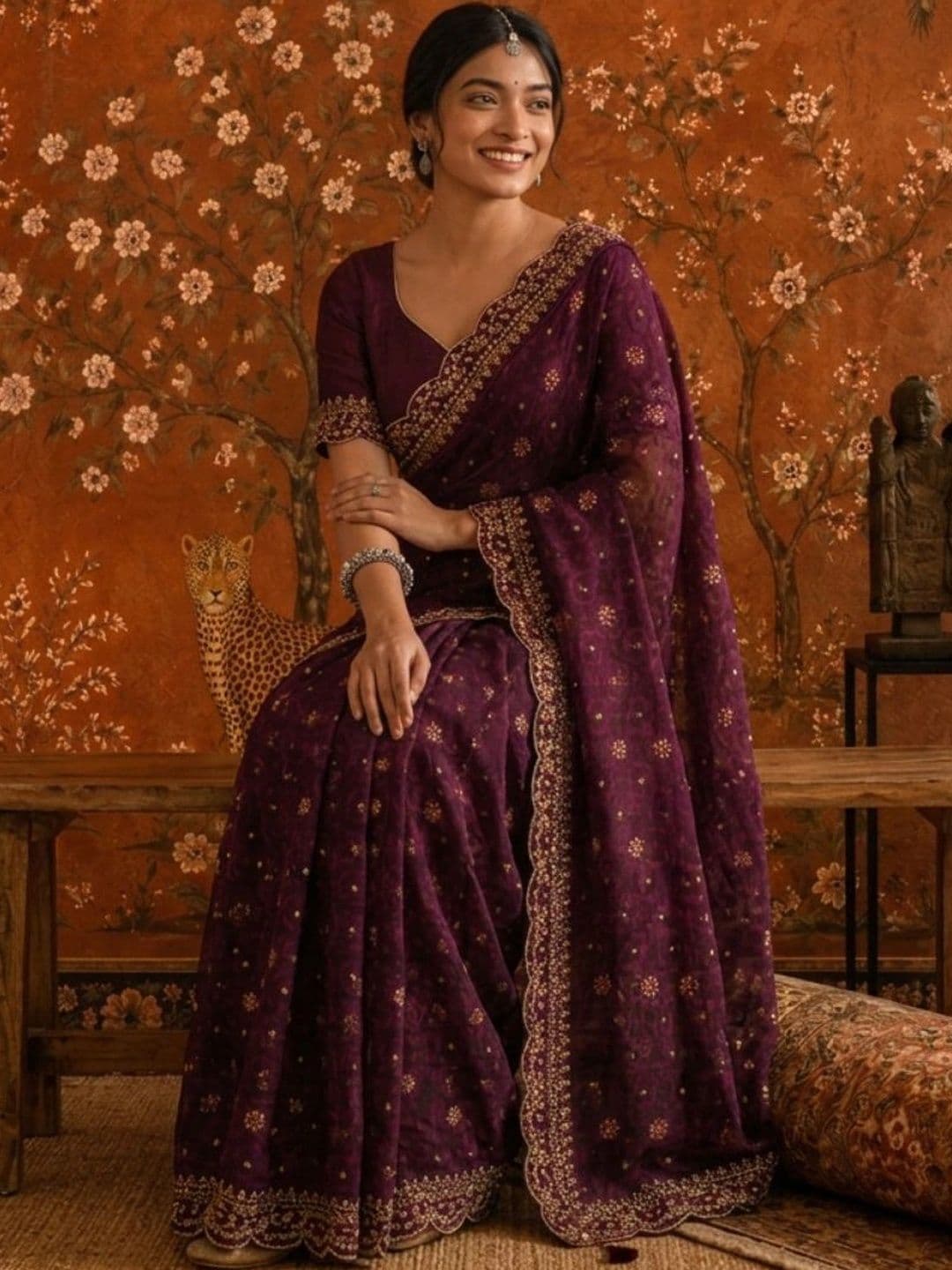 Sangria Floral Embroidered Poly Georgette Saree thumbnail 4