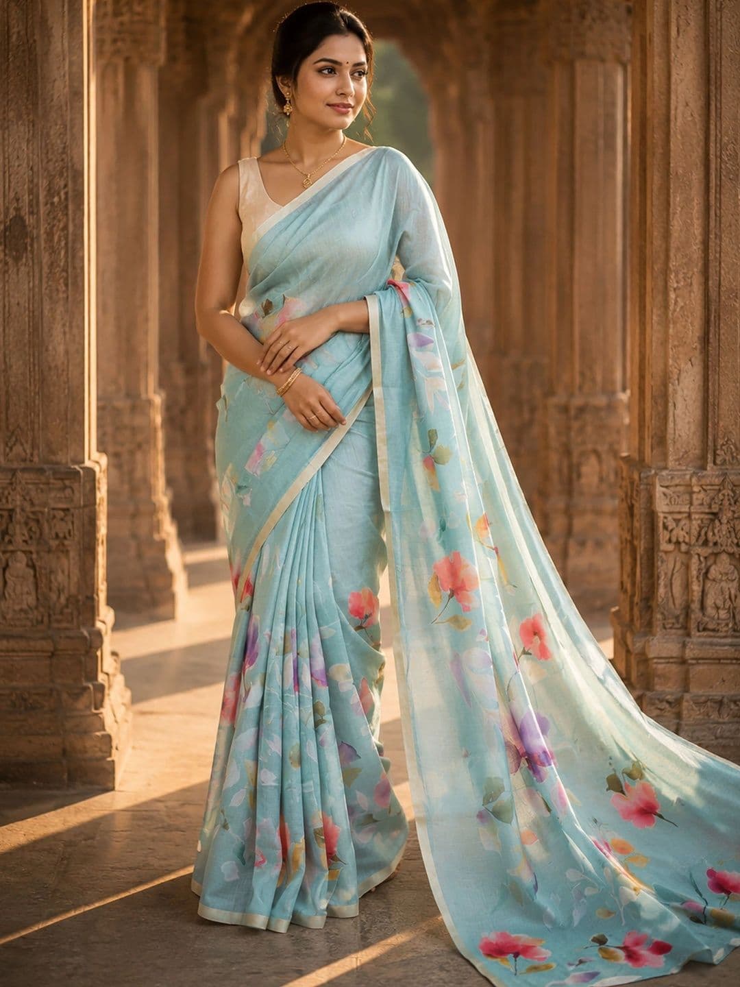 KALINI Floral Linen Blend Designer Block Print Saree thumbnail 6